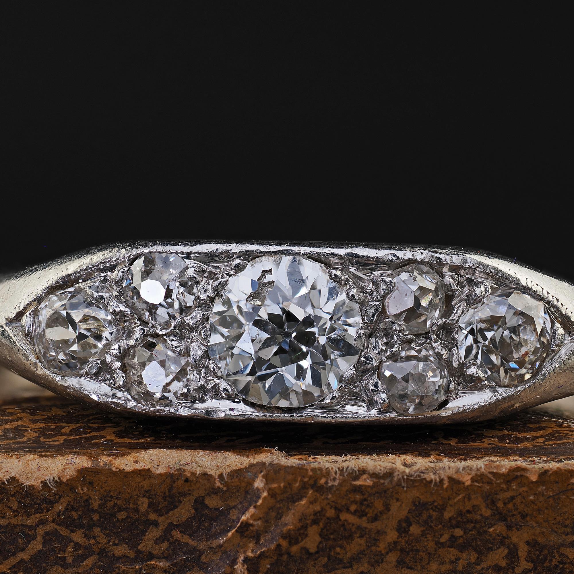 Antique Art Deco Platinum Old Euro Diamond Cluster Band - Size 8 For Sale 1