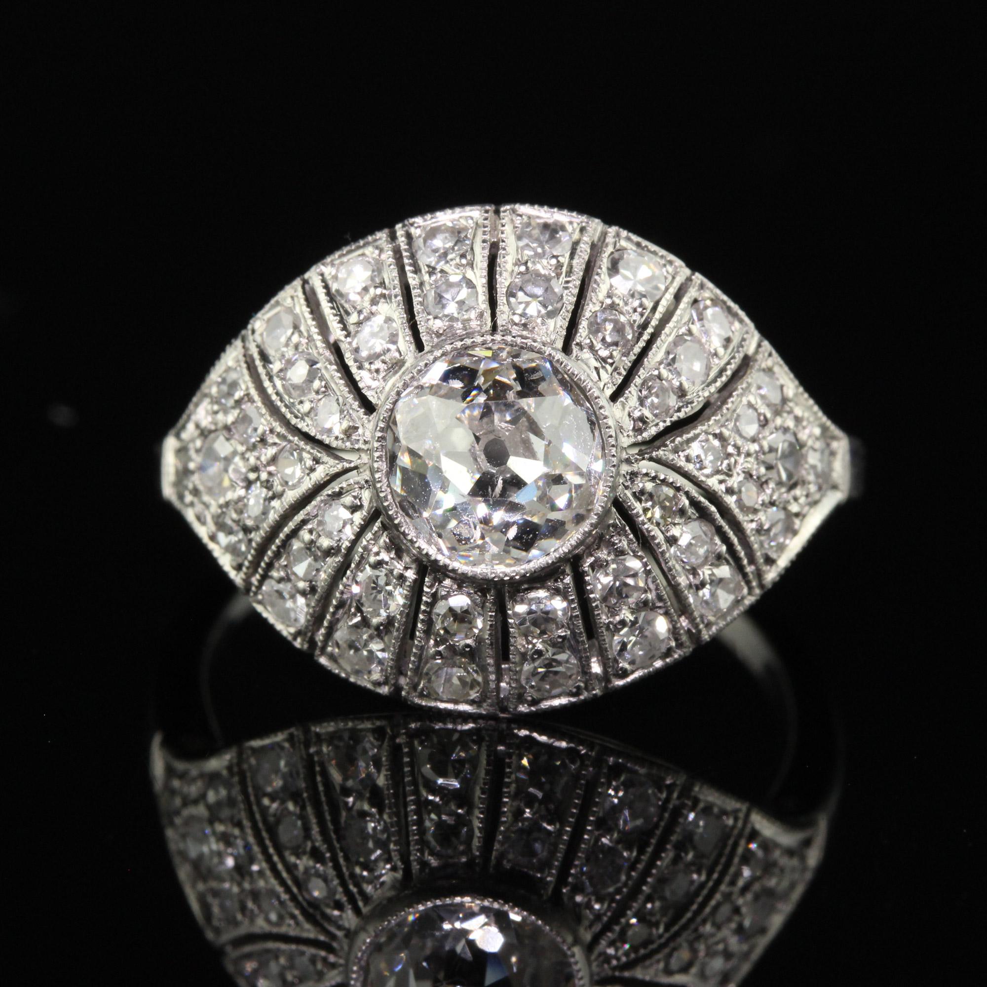 Antique Art Deco Platinum Old Euro Diamond Filigree Engagement Ring In Good Condition For Sale In Great Neck, NY