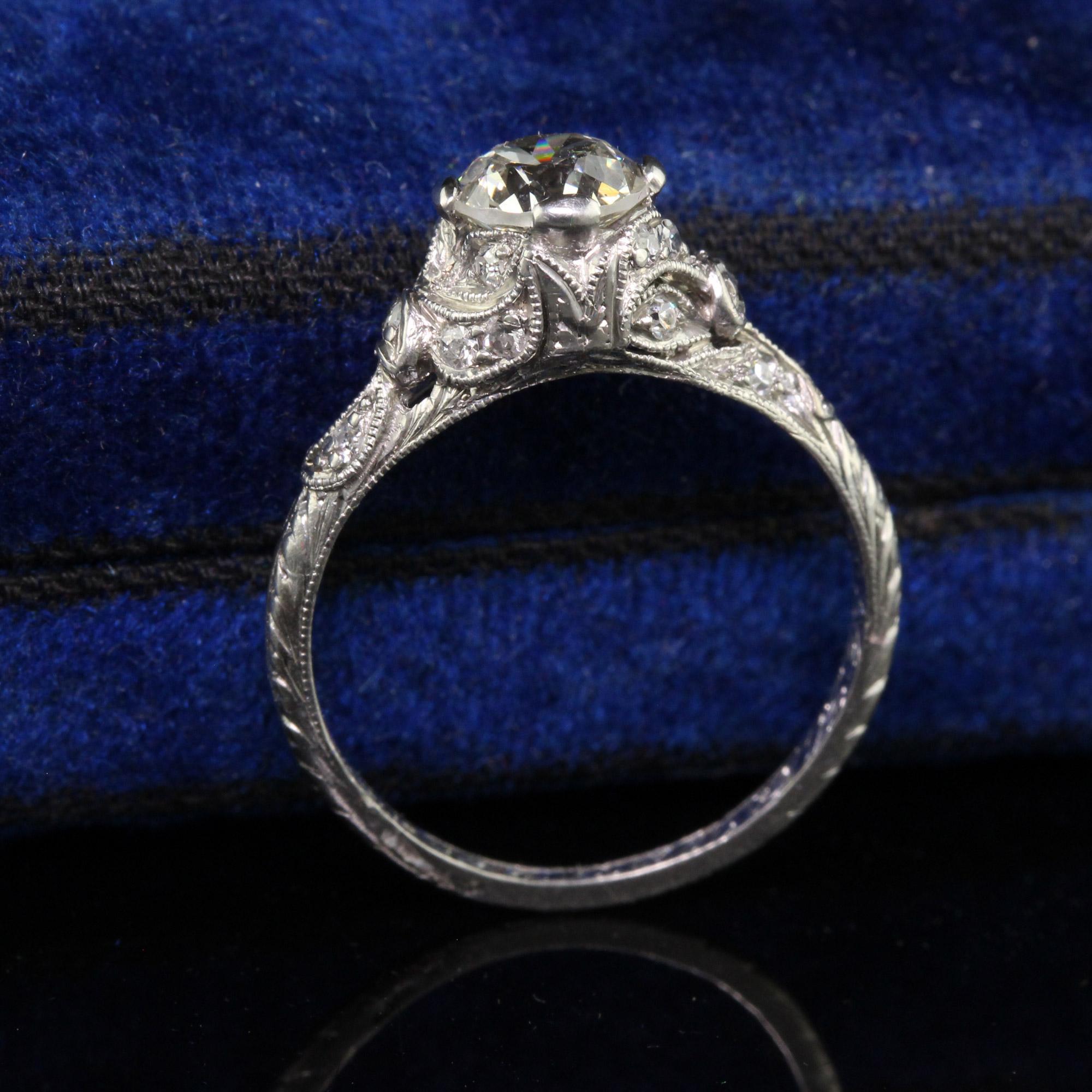 Antique Art Deco Platinum Old Euro Diamond Filigree Engagement Ring In Good Condition For Sale In Great Neck, NY