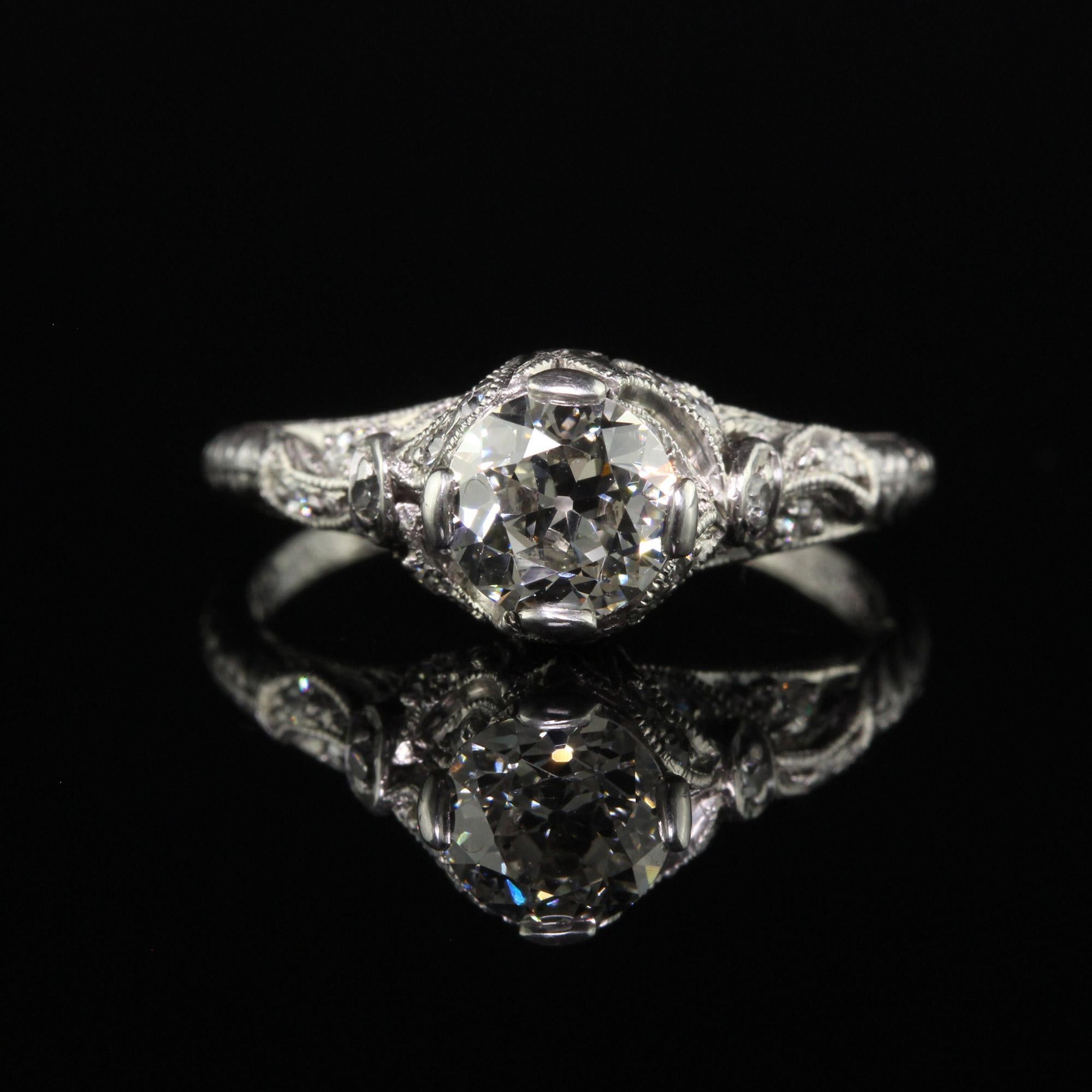 Women's Antique Art Deco Platinum Old Euro Diamond Filigree Engagement Ring For Sale