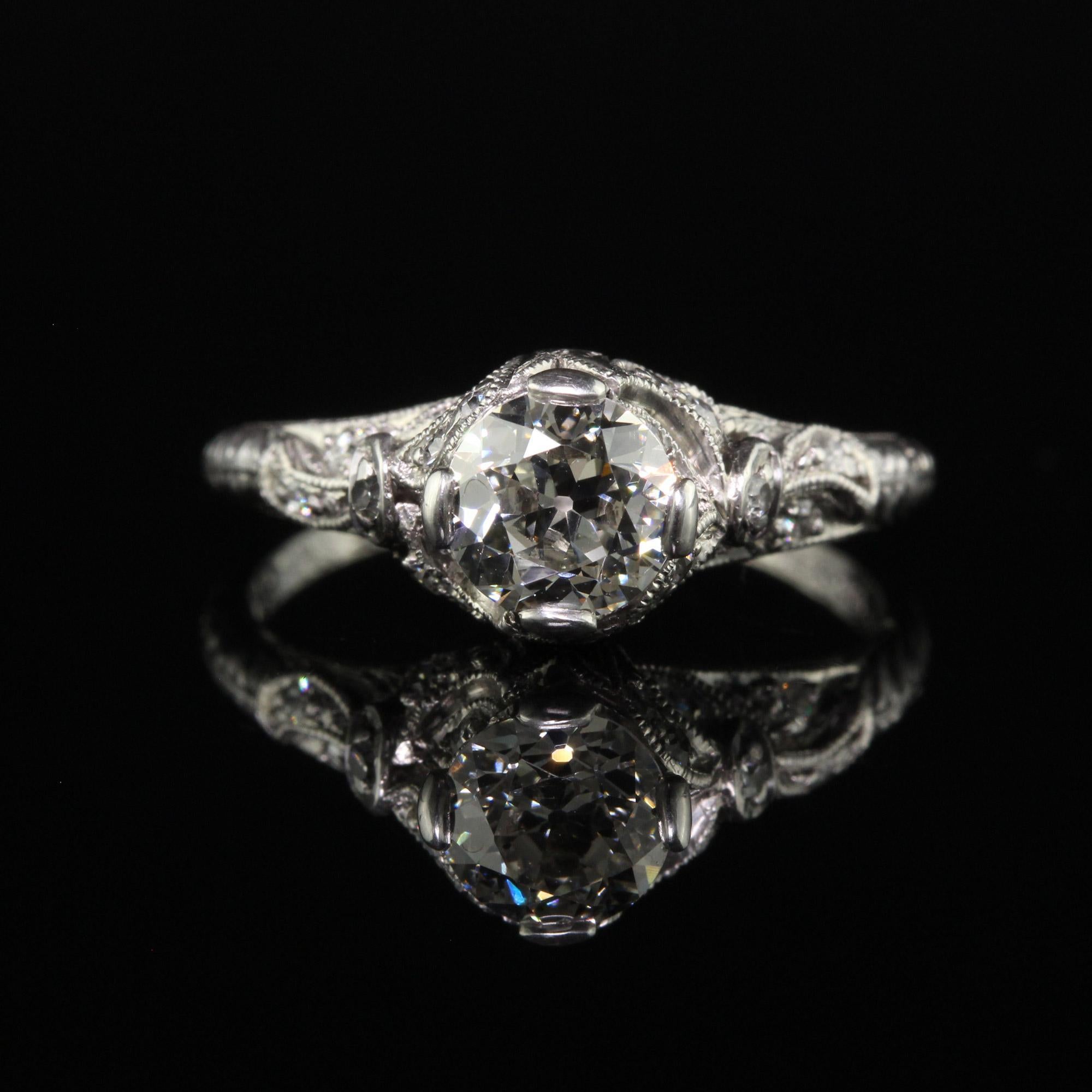 Women's Antique Art Deco Platinum Old Euro Diamond Filigree Engagement Ring
