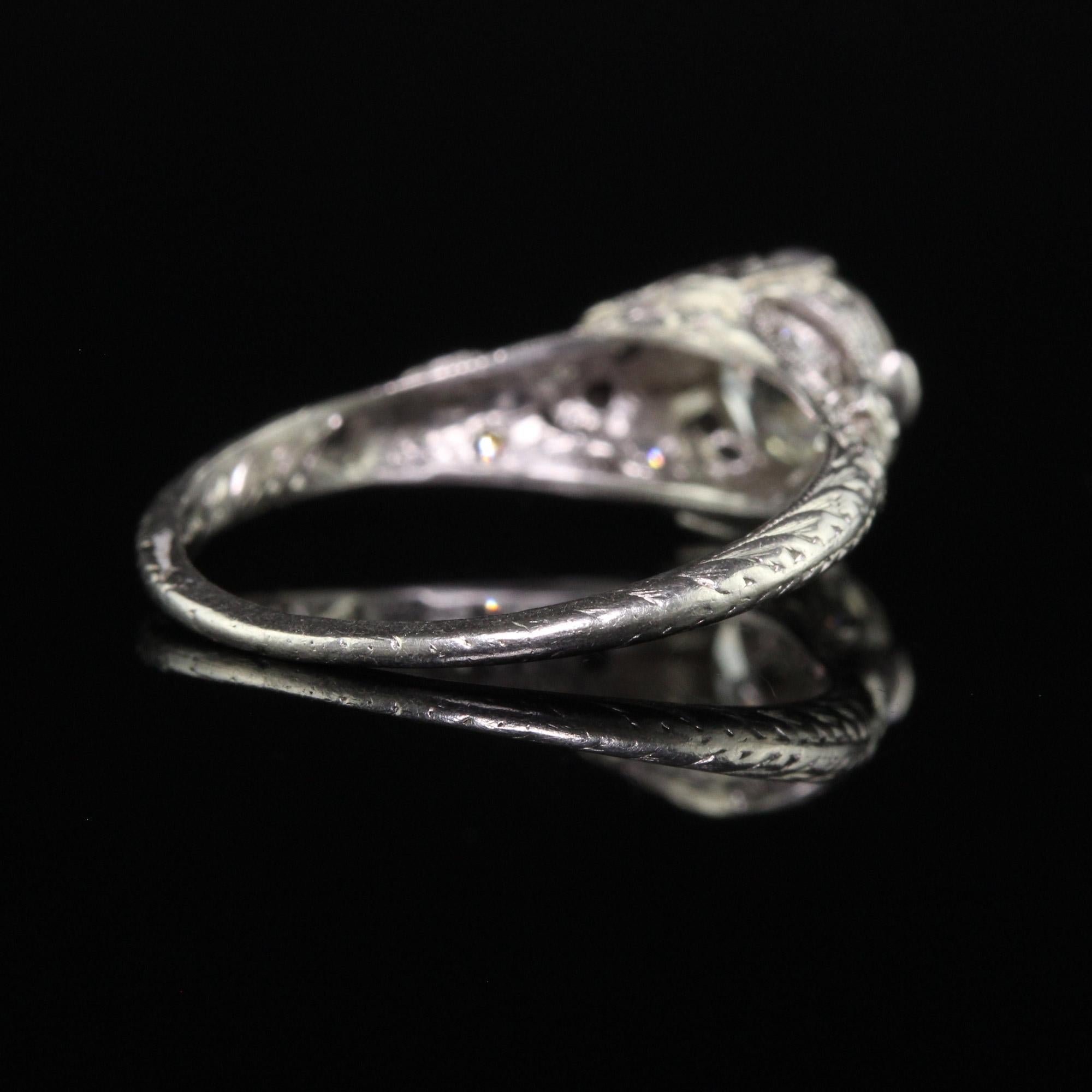 Antique Art Deco Platinum Old Euro Diamond Filigree Engagement Ring For Sale 1