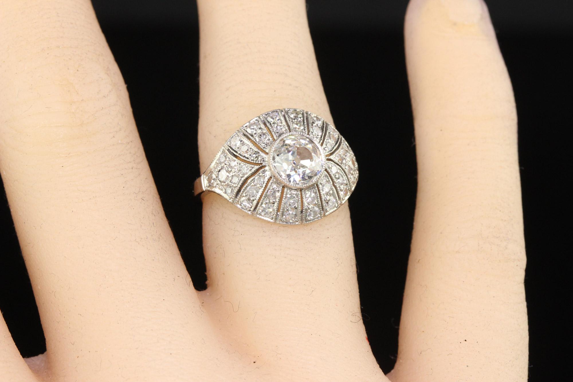 Antique Art Deco Platinum Old Euro Diamond Filigree Engagement Ring For Sale 2