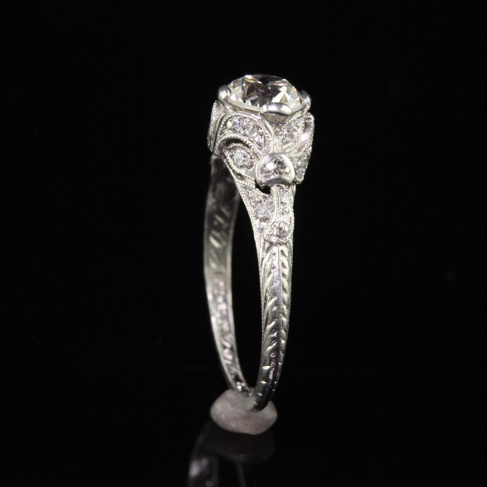 Antique Art Deco Platinum Old Euro Diamond Filigree Engagement Ring For Sale 2