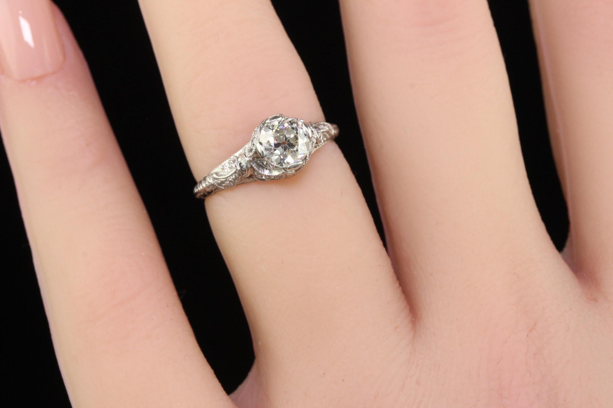 Antique Art Deco Platinum Old Euro Diamond Filigree Engagement Ring For Sale 3