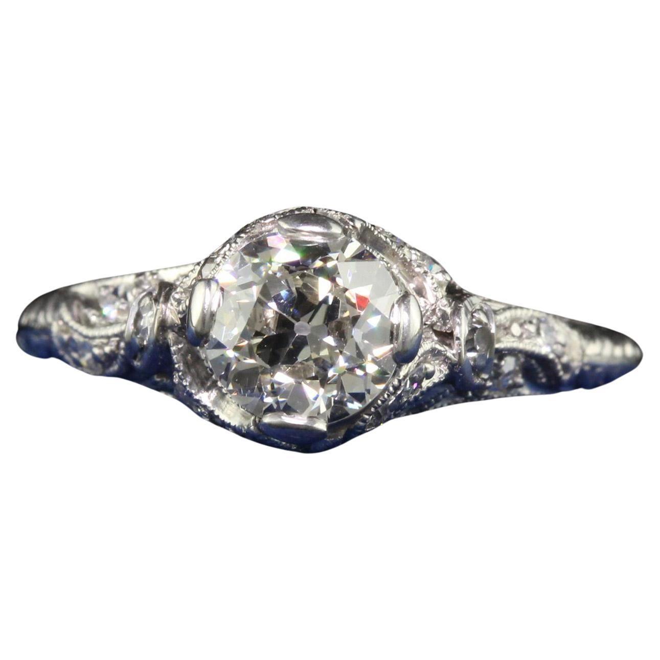 Antique Art Deco Platinum Old Euro Diamond Filigree Engagement Ring For Sale