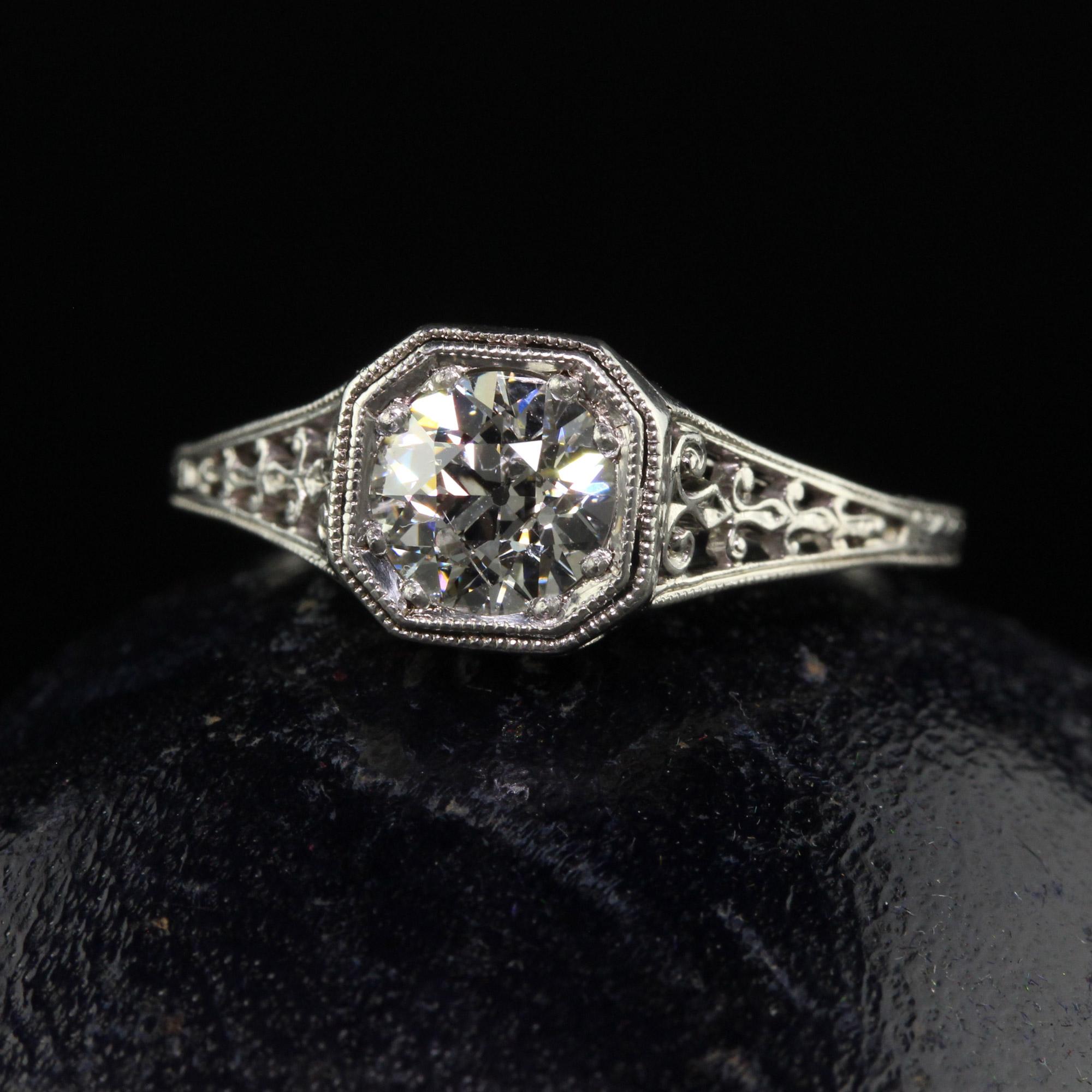 Beautiful Antique Art Deco Platinum Old Euro Diamond Filigree Engagement Ring - GIA. This gorgeous engagement ring is crafted in platinum. The center has a gorgeous old European cut diamond that has a GIA report. The diamond is set in a gorgeous art