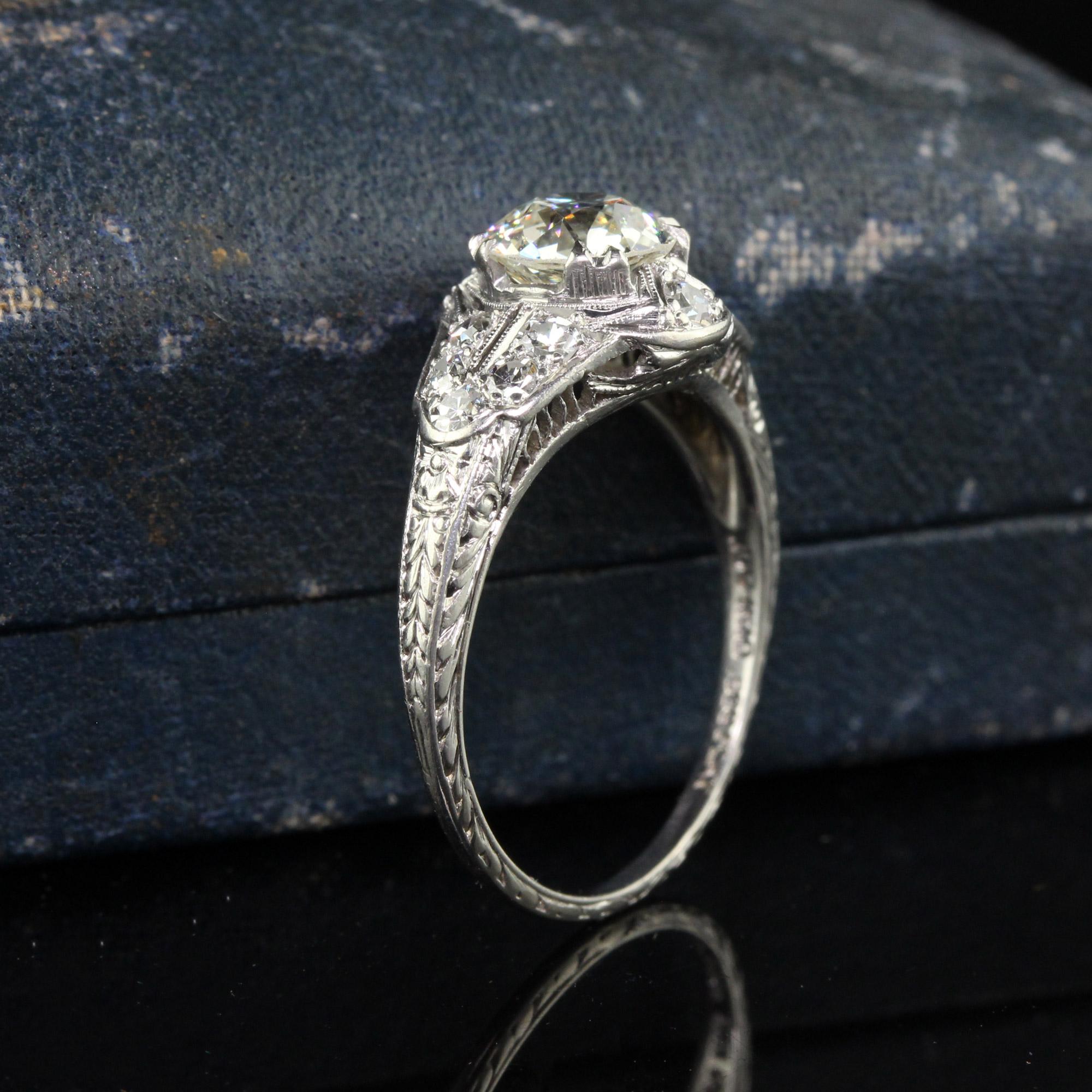 Old European Cut Antique Art Deco Platinum Old Euro Diamond Filigree Engagement Ring - GIA For Sale