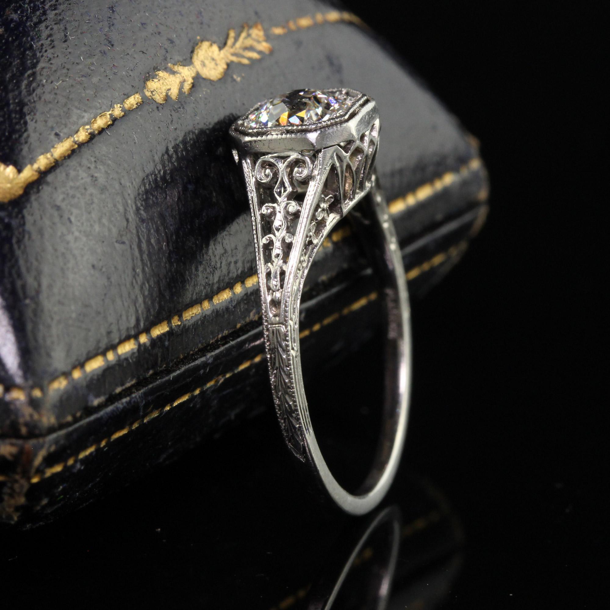 Old European Cut Antique Art Deco Platinum Old Euro Diamond Filigree Engagement Ring - GIA For Sale