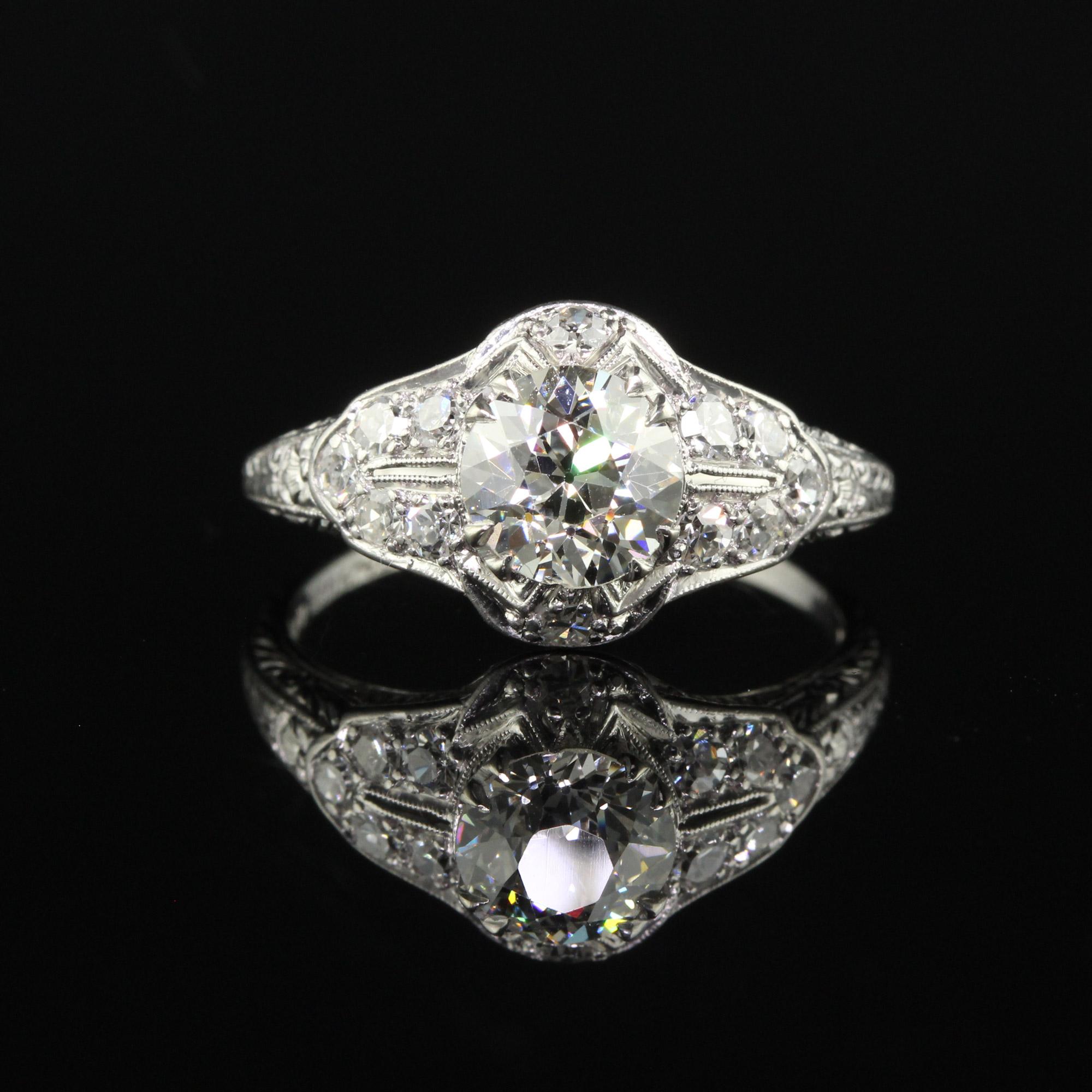 Antique Art Deco Platinum Old Euro Diamond Filigree Engagement Ring - GIA In Good Condition For Sale In Great Neck, NY