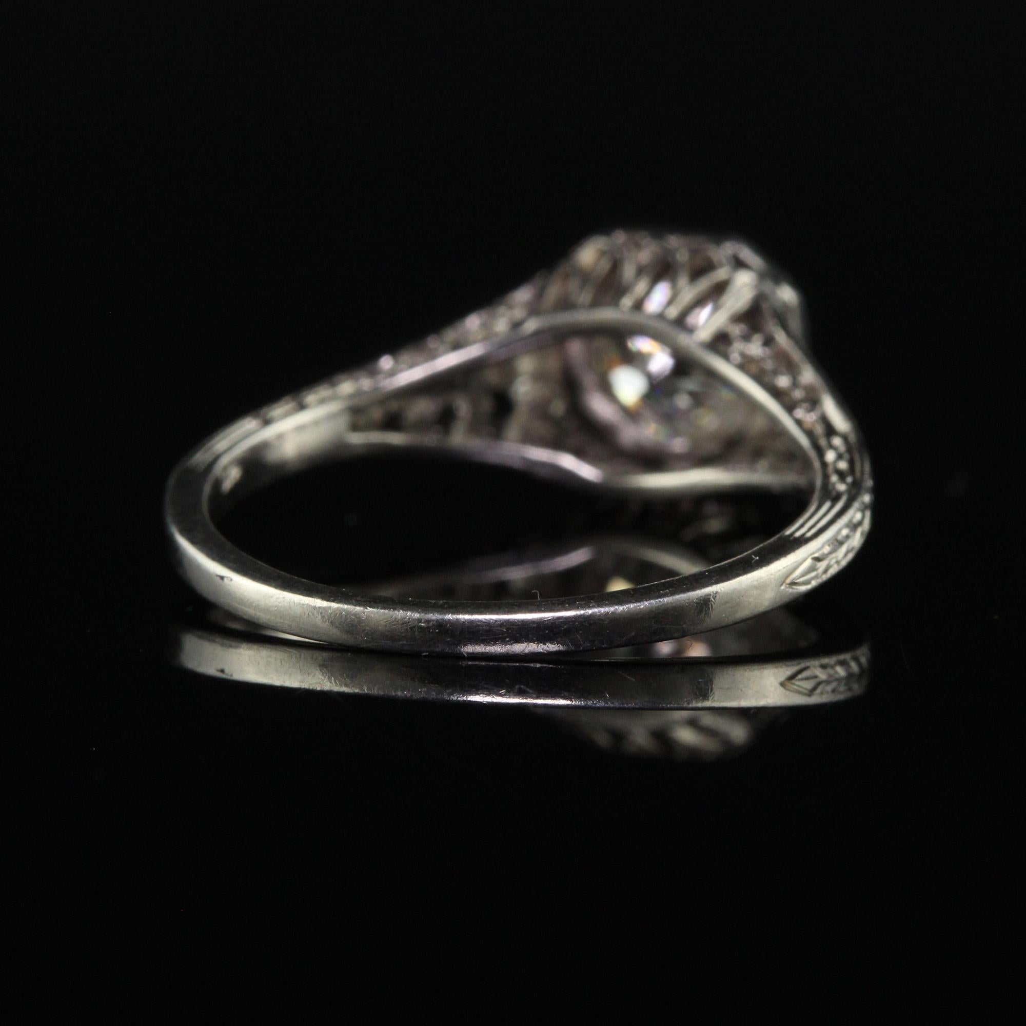Antique Art Deco Platinum Old Euro Diamond Filigree Engagement Ring - GIA For Sale 1