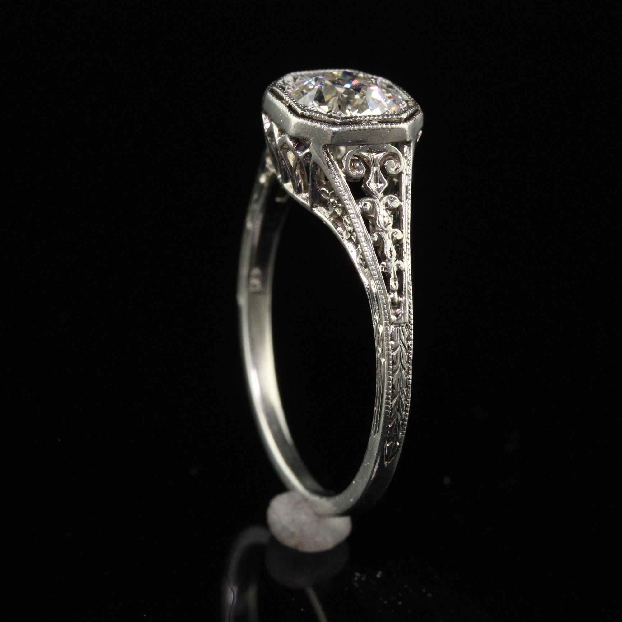 Antique Art Deco Platinum Old Euro Diamond Filigree Engagement Ring - GIA For Sale 2