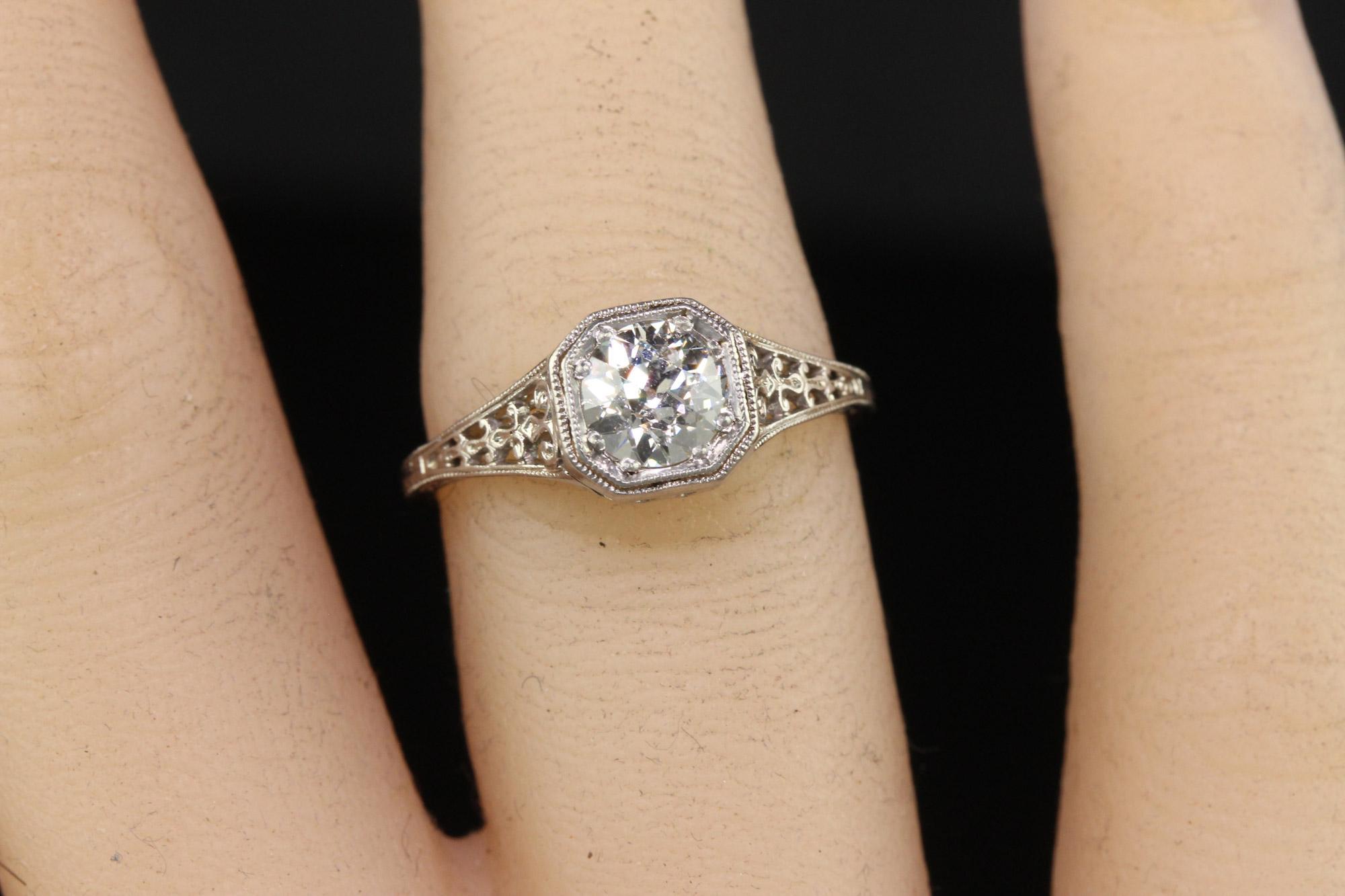 Antique Art Deco Platinum Old Euro Diamond Filigree Engagement Ring - GIA For Sale 3