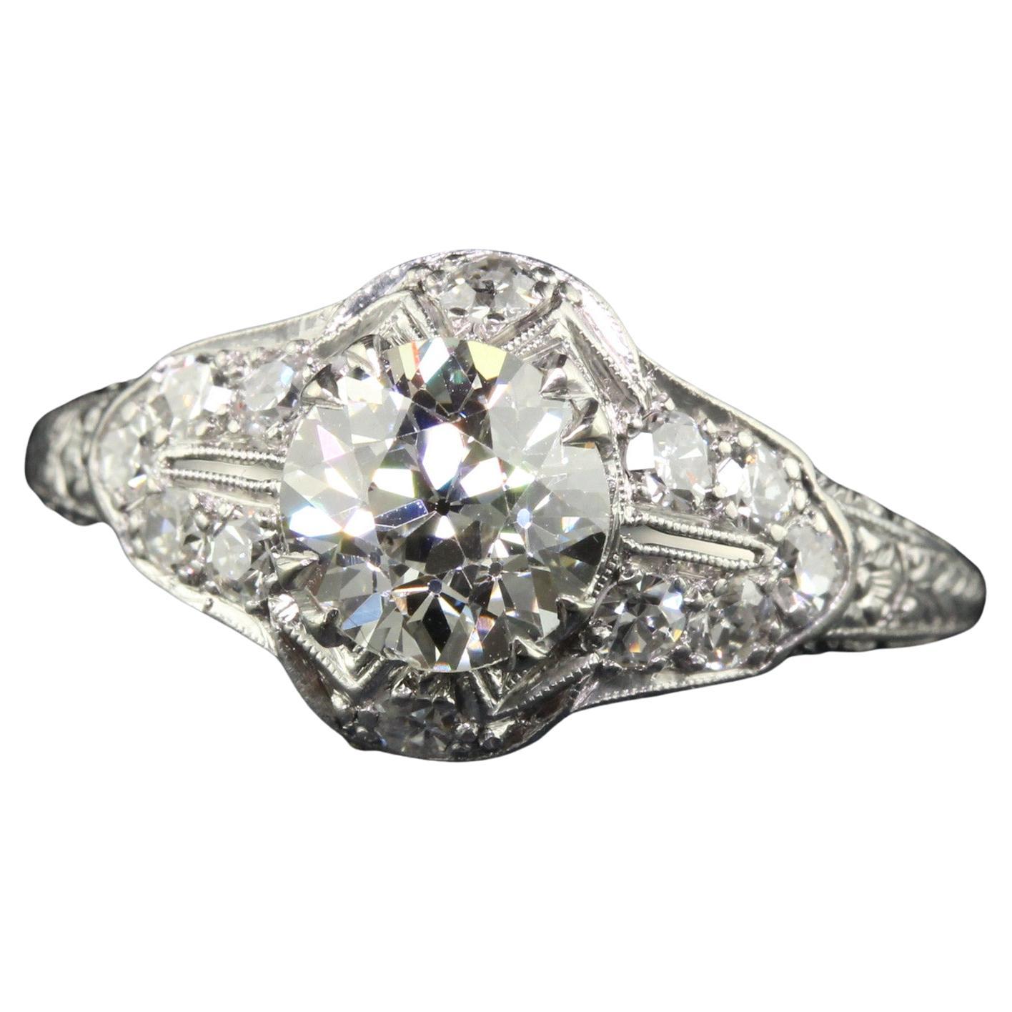 Bague de fiançailles filigrane Art déco ancienne en platine avec diamants européens anciens, certifié GIA en vente