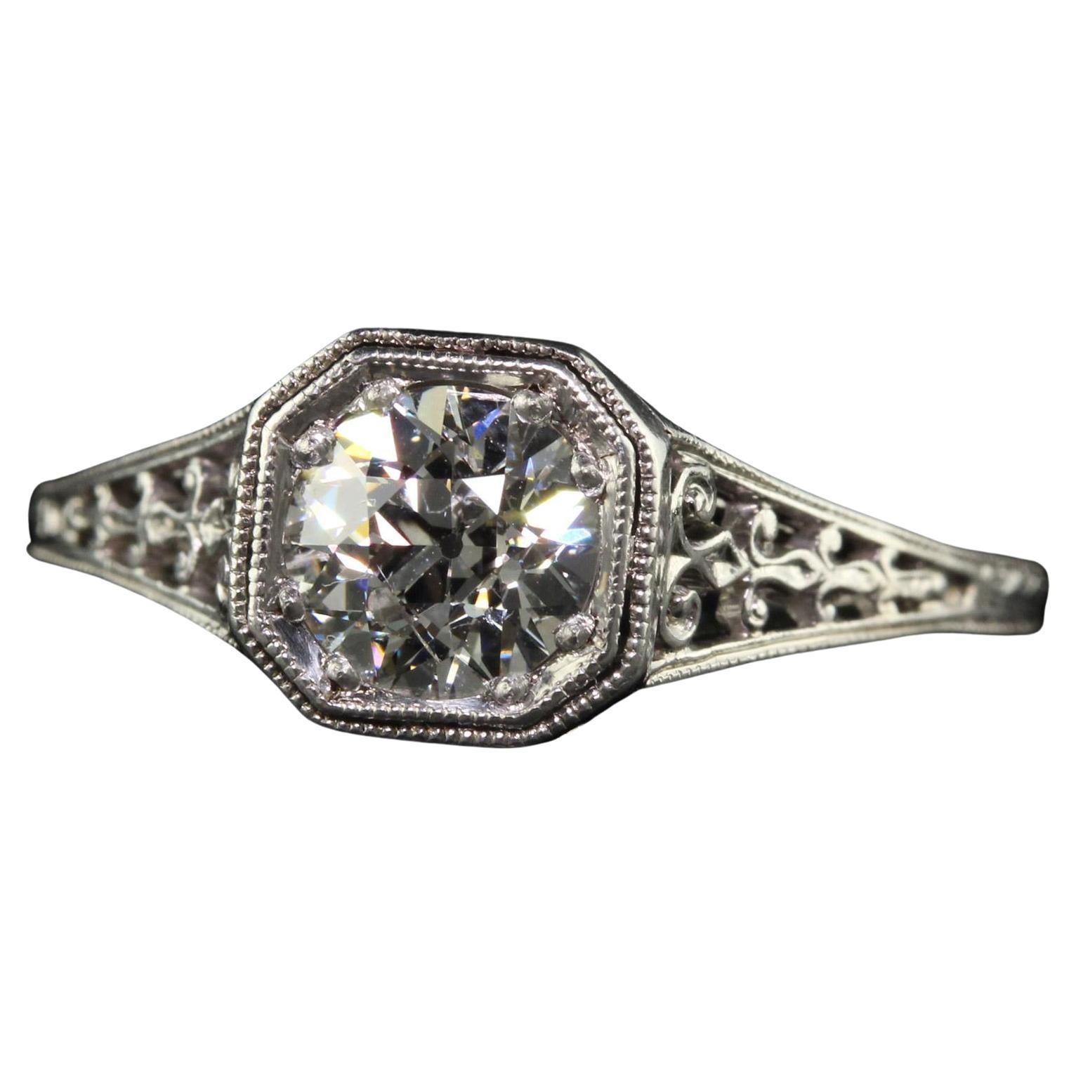 Antique Art Deco Platinum Old Euro Diamond Filigree Engagement Ring - GIA For Sale