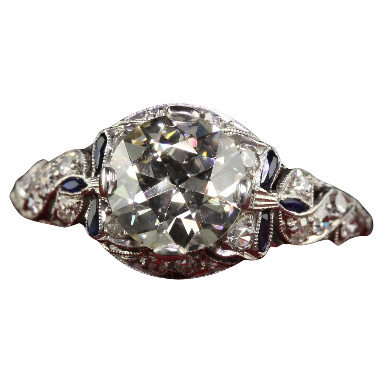 Antique Art Deco Platinum Old Euro Diamond Filigree Engagement Ring - GIA For Sale