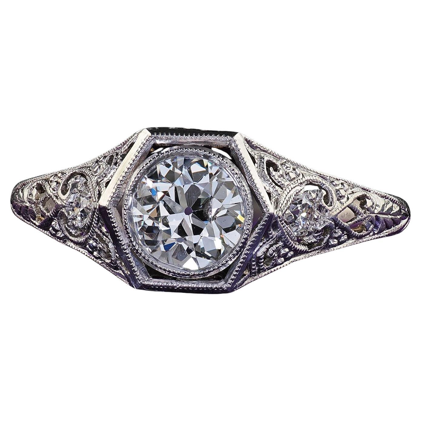 Antiker filigraner Art-Déco-Verlobungsring aus Platin mit altem Eurodiamant - GIA