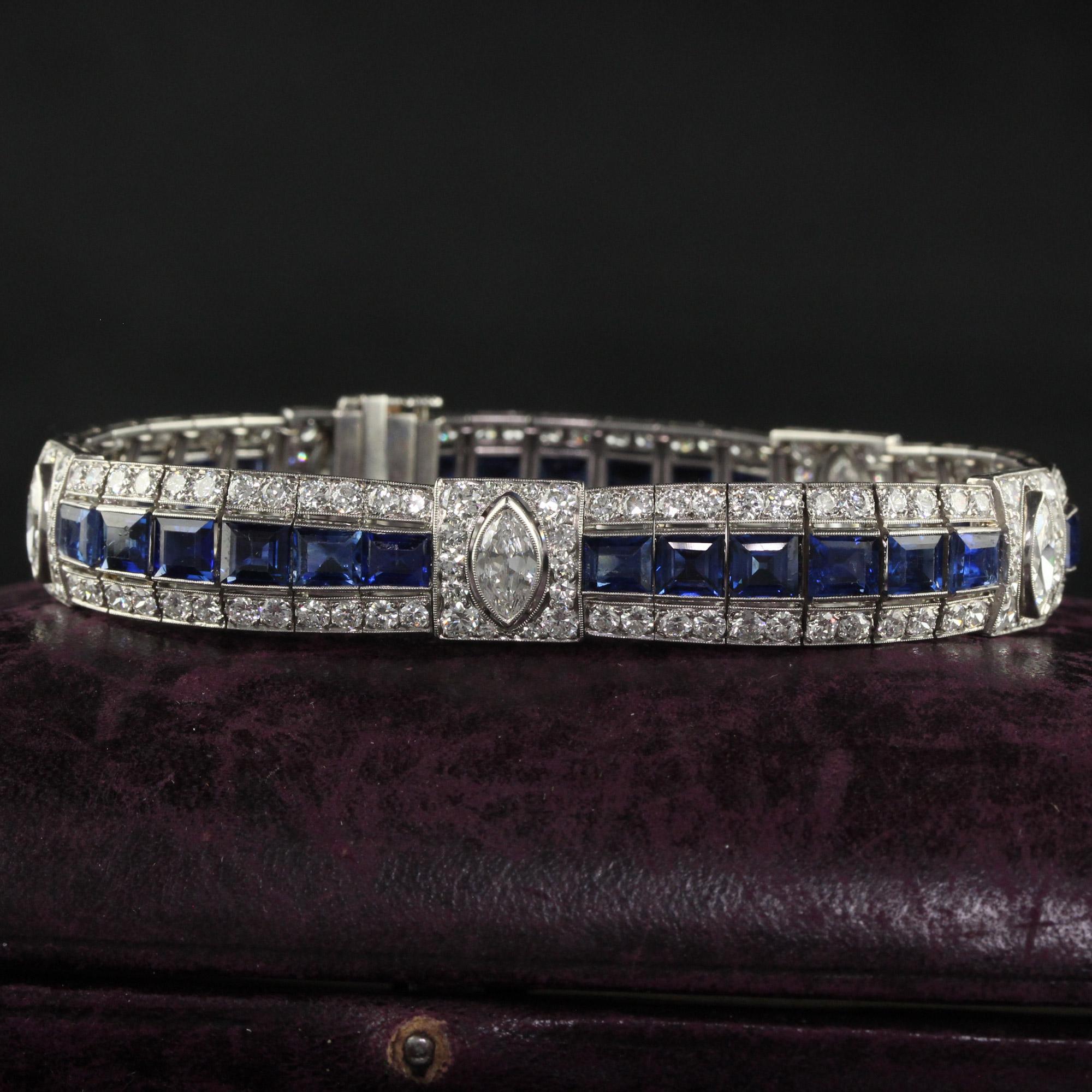 Antique Art Deco Platinum Old Euro Diamond Marquise Sapphire Bracelet - GIA For Sale 5