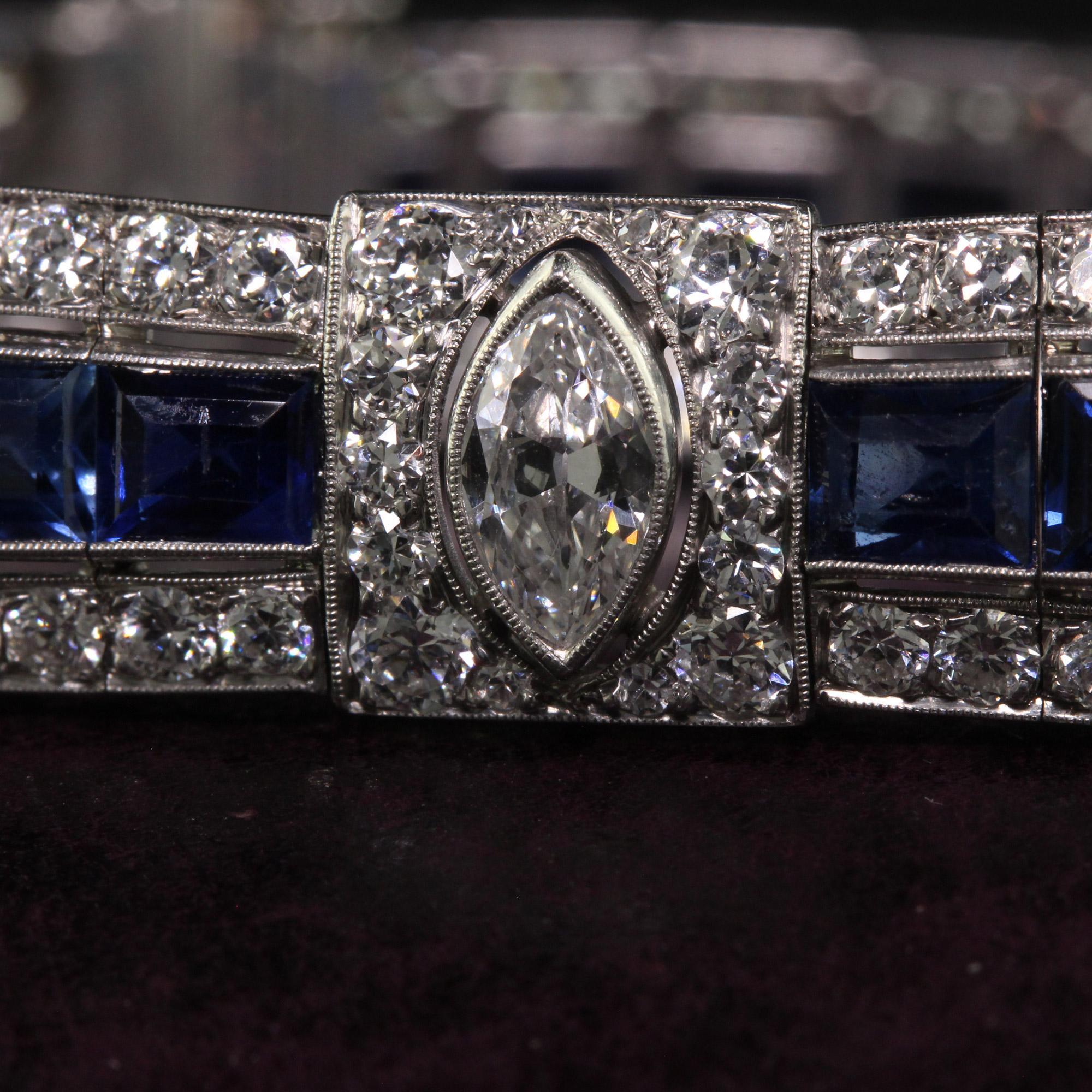 Antique Art Deco Platinum Old Euro Diamond Marquise Sapphire Bracelet - GIA For Sale 6