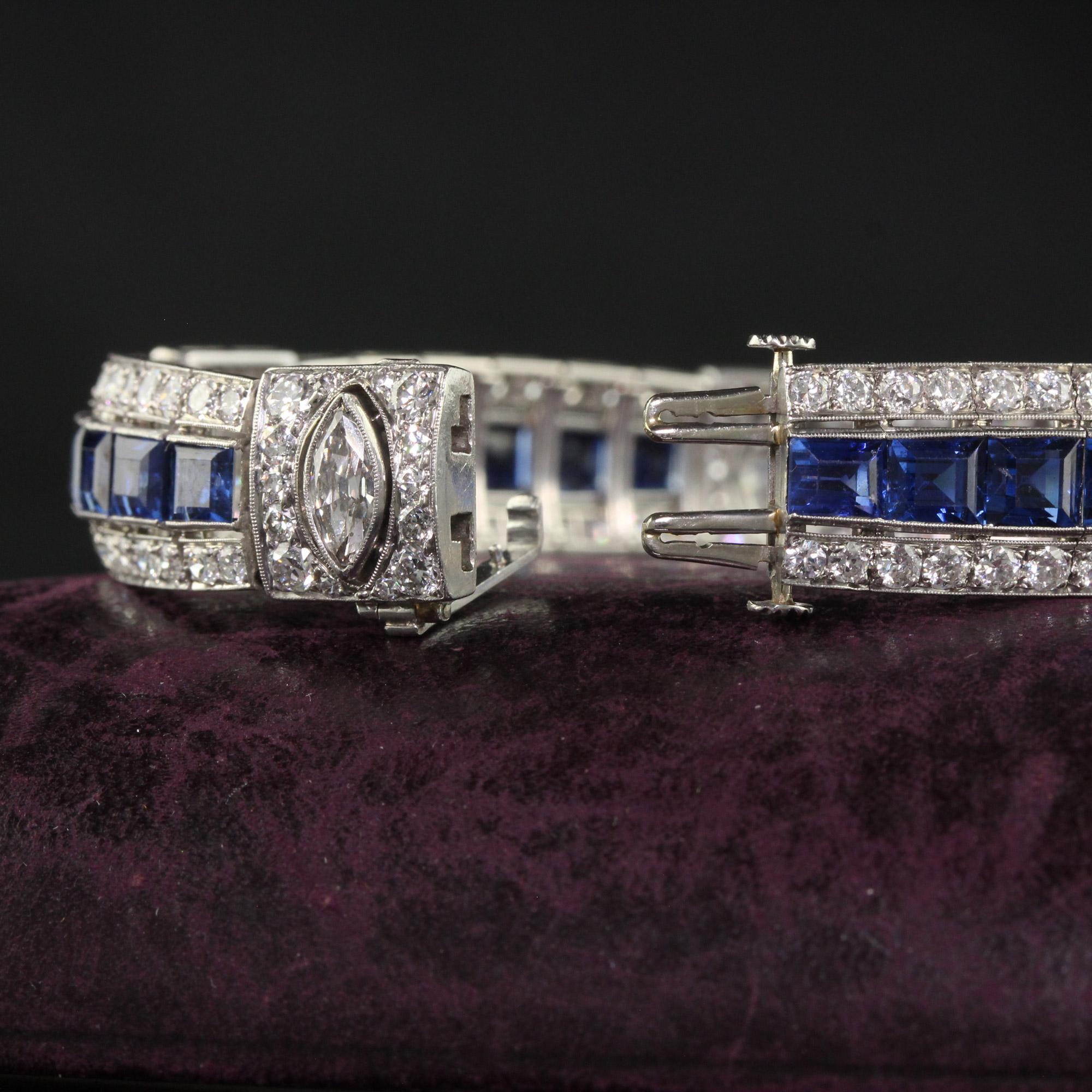 Antique Art Deco Platinum Old Euro Diamond Marquise Sapphire Bracelet - GIA For Sale 7