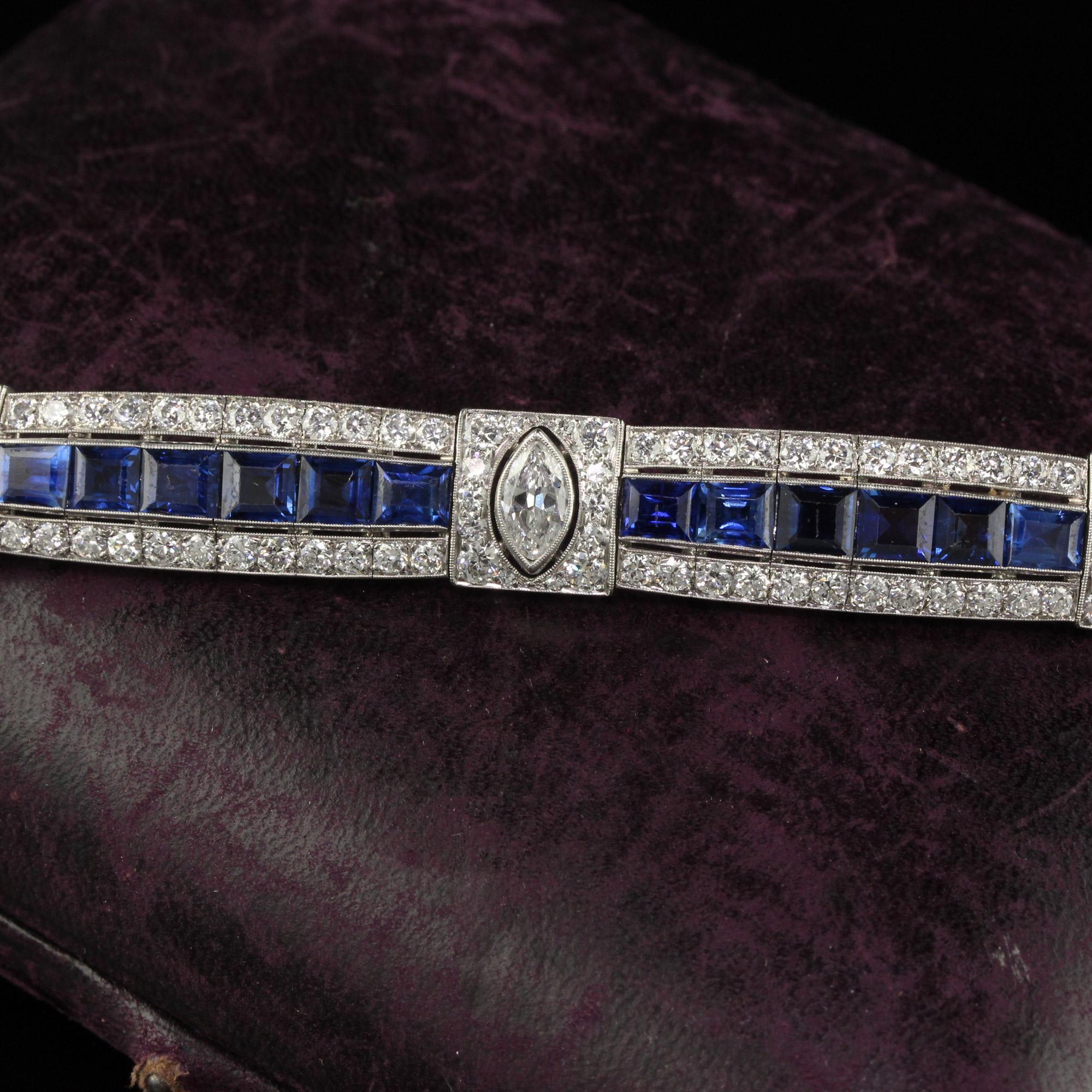 Old European Cut Antique Art Deco Platinum Old Euro Diamond Marquise Sapphire Bracelet - GIA For Sale
