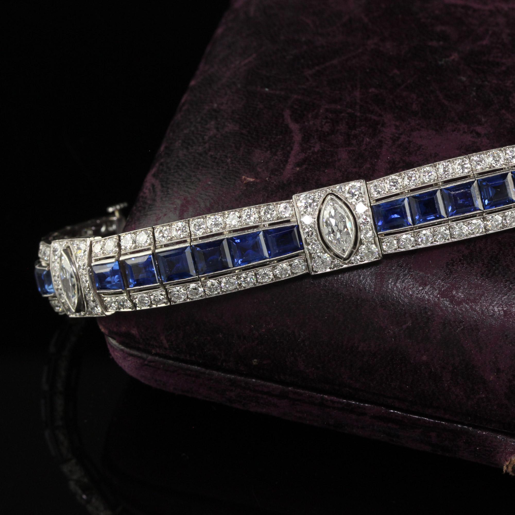 Antique Art Deco Platinum Old Euro Diamond Marquise Sapphire Bracelet - GIA In Good Condition For Sale In Great Neck, NY