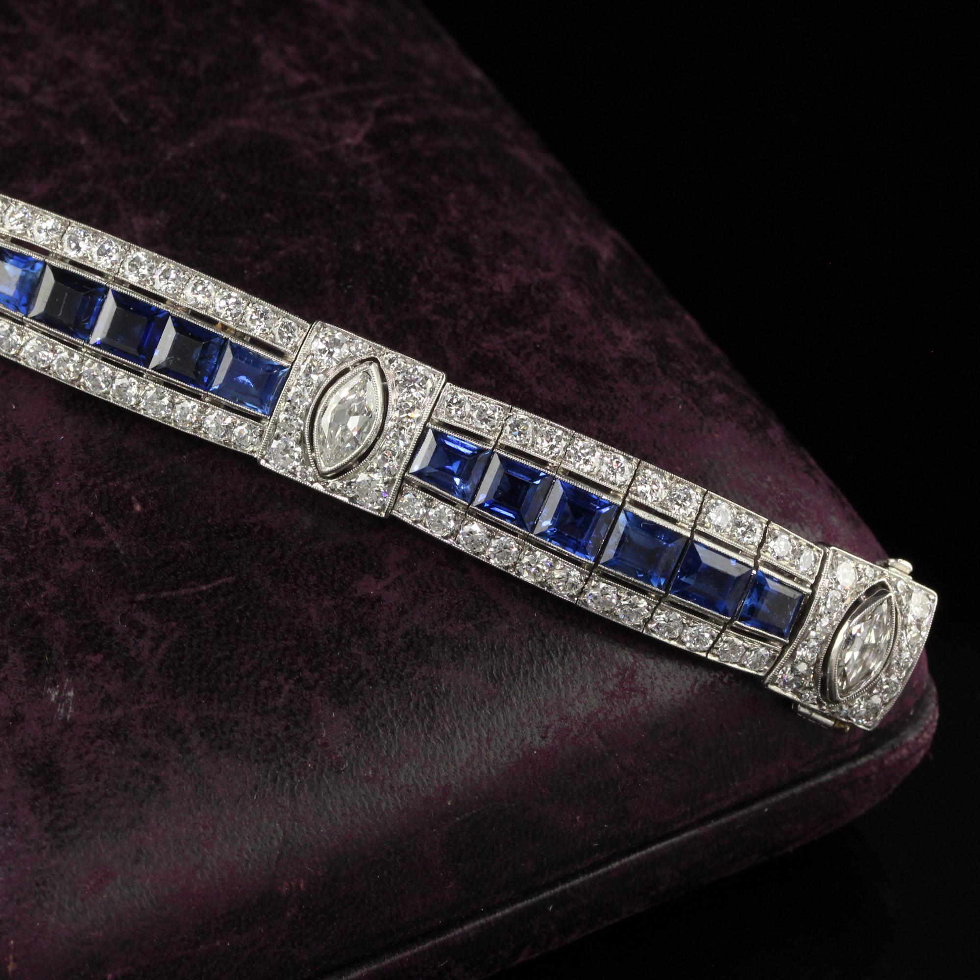 Women's Antique Art Deco Platinum Old Euro Diamond Marquise Sapphire Bracelet - GIA For Sale