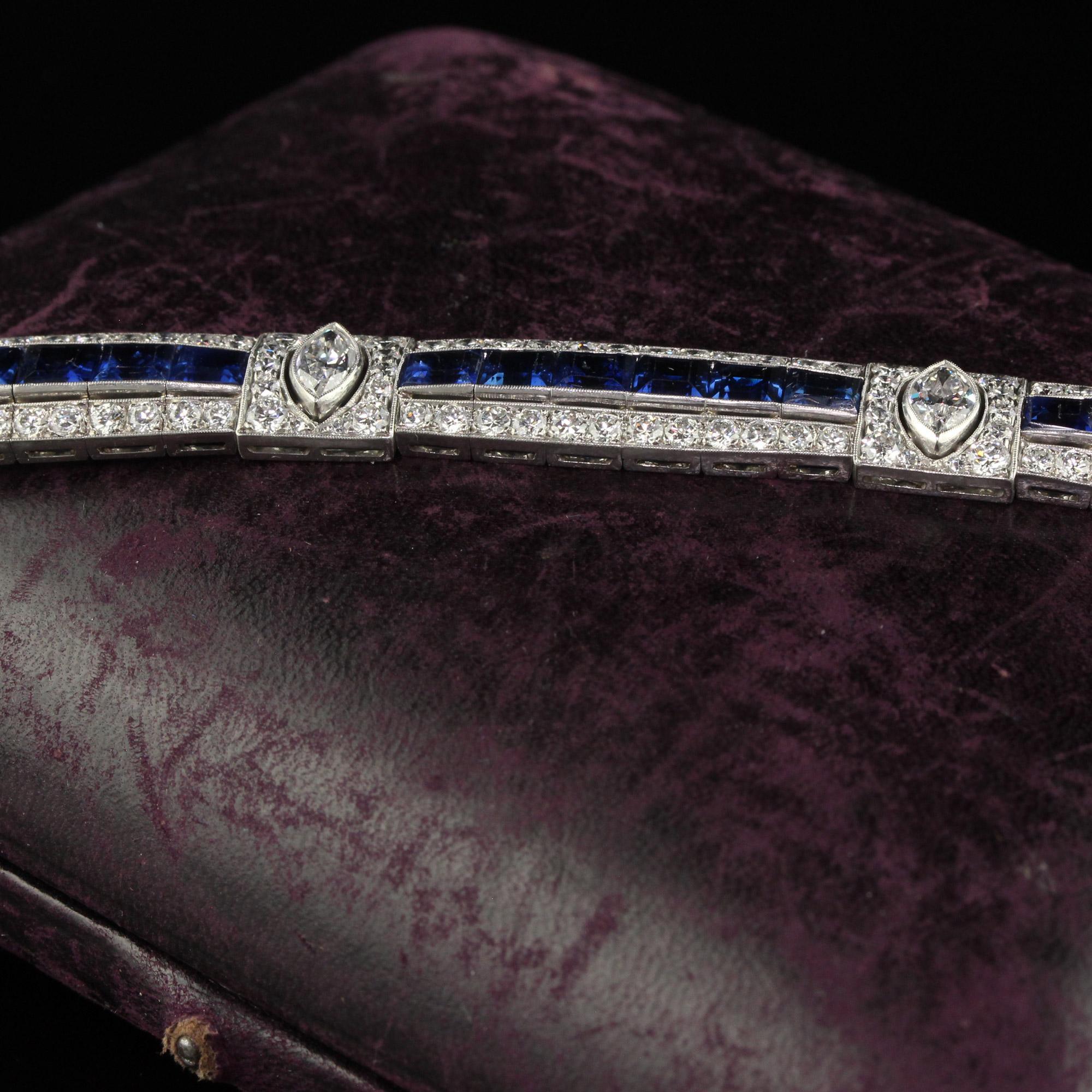 Antique Art Deco Platinum Old Euro Diamond Marquise Sapphire Bracelet - GIA For Sale 1