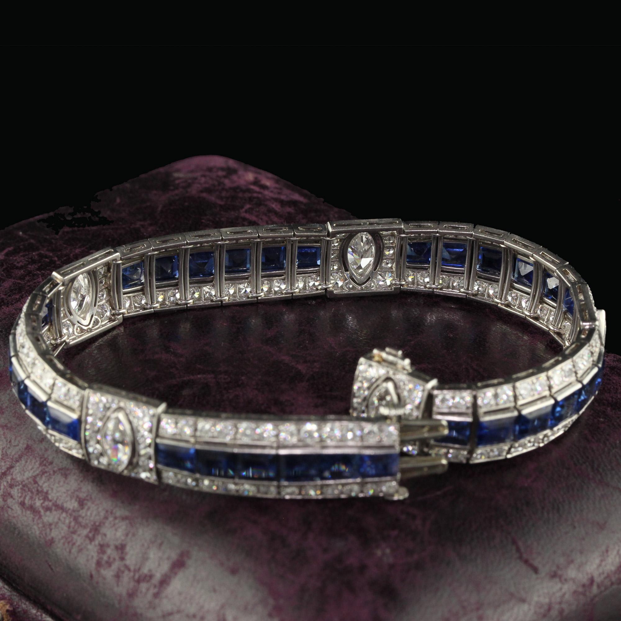Antique Art Deco Platinum Old Euro Diamond Marquise Sapphire Bracelet - GIA For Sale 2