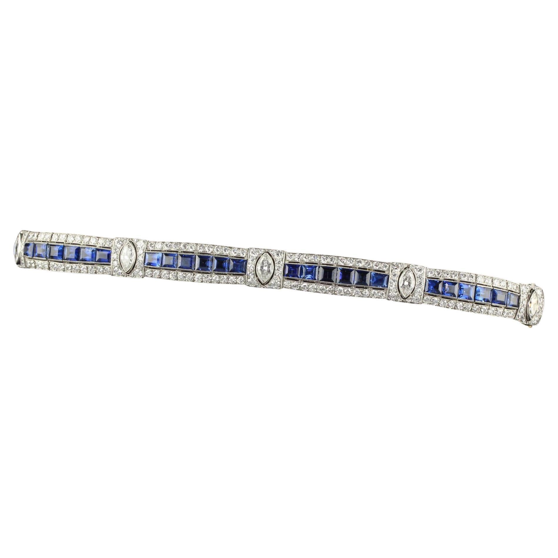 Antique Art Deco Platinum Old Euro Diamond Marquise Sapphire Bracelet - GIA For Sale