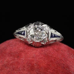 Antique Art Deco Platinum Old Euro Diamond Sapphire Engagement Ring
