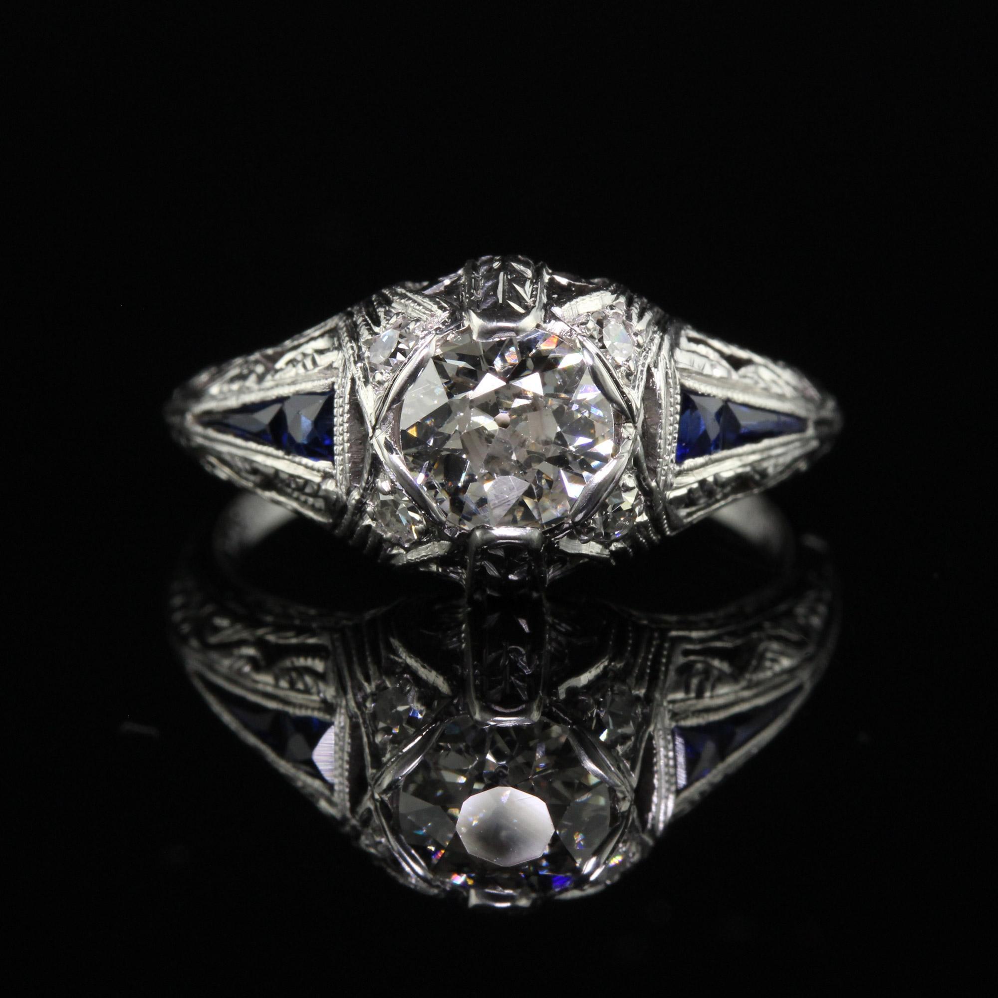 Antiker Art Deco Platin Verlobungsring mit altem Eurodiamant und Saphir Damen im Angebot