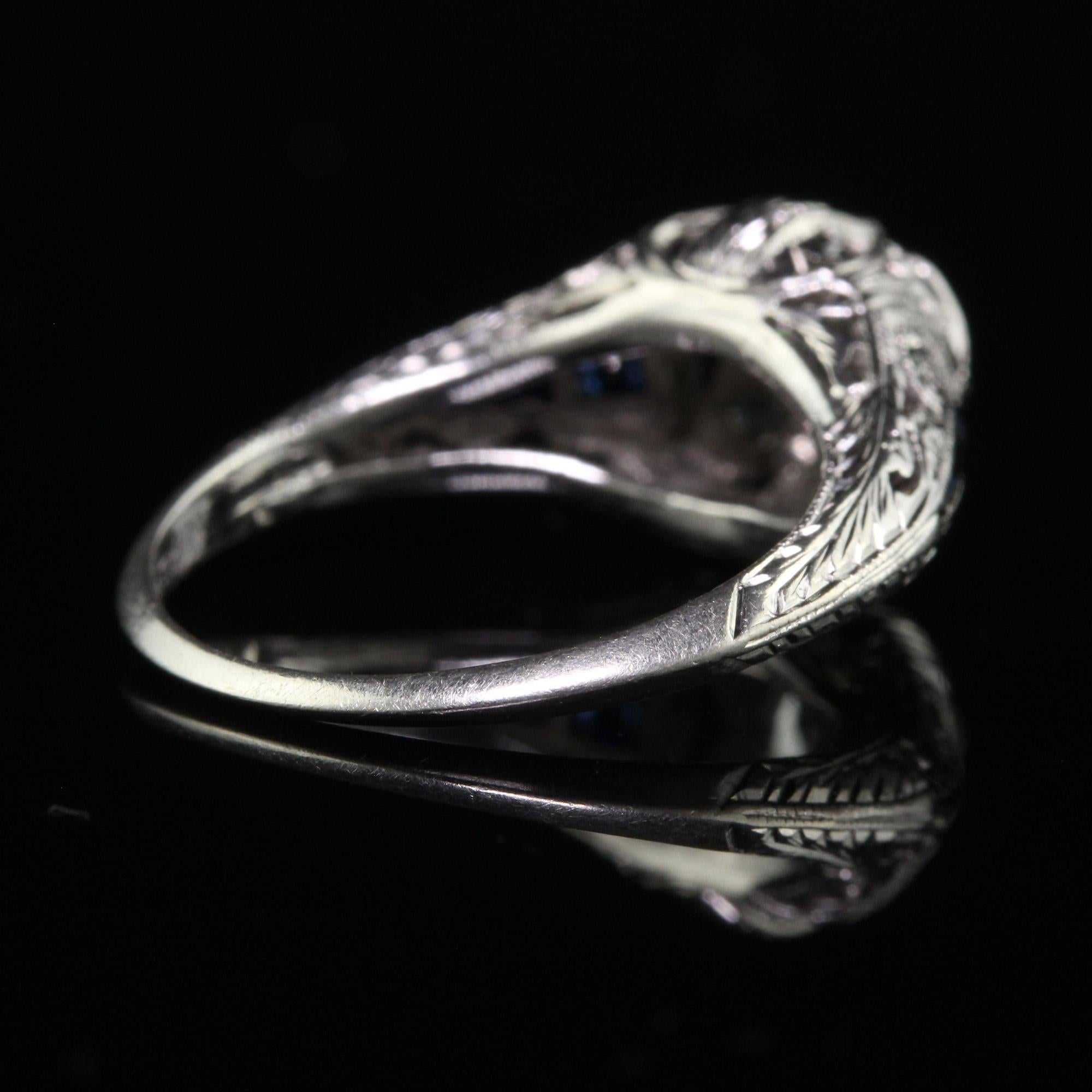 Antique Art Deco Platinum Old Euro Diamond Sapphire Engagement Ring For Sale 2