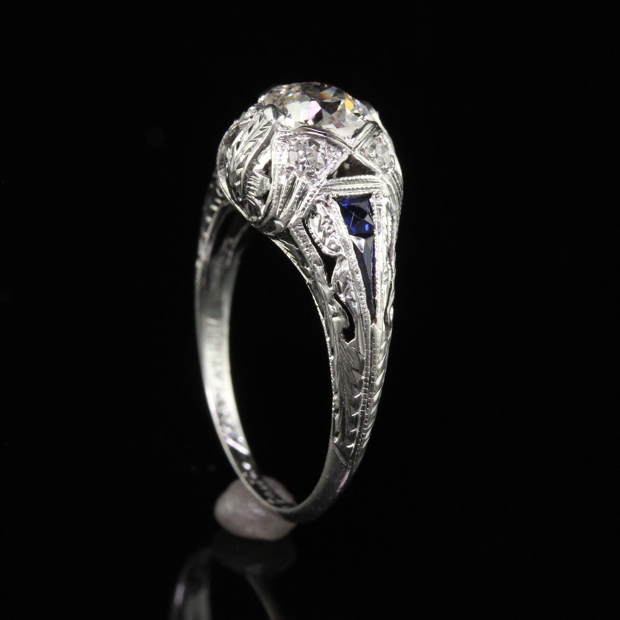 Antique Art Deco Platinum Old Euro Diamond Sapphire Engagement Ring For Sale 3