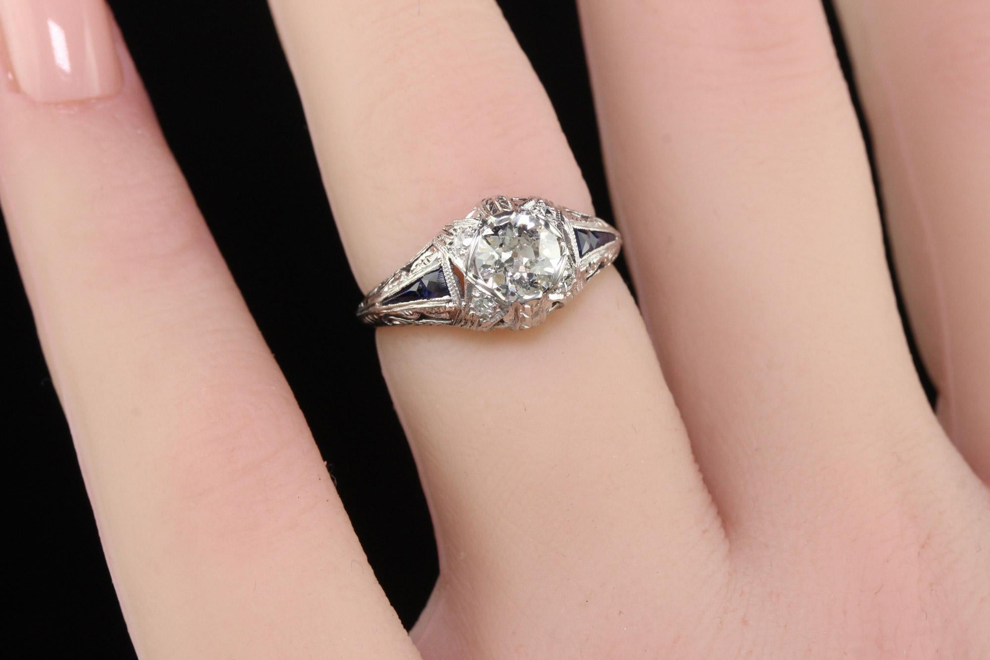 Antique Art Deco Platinum Old Euro Diamond Sapphire Engagement Ring For Sale 4