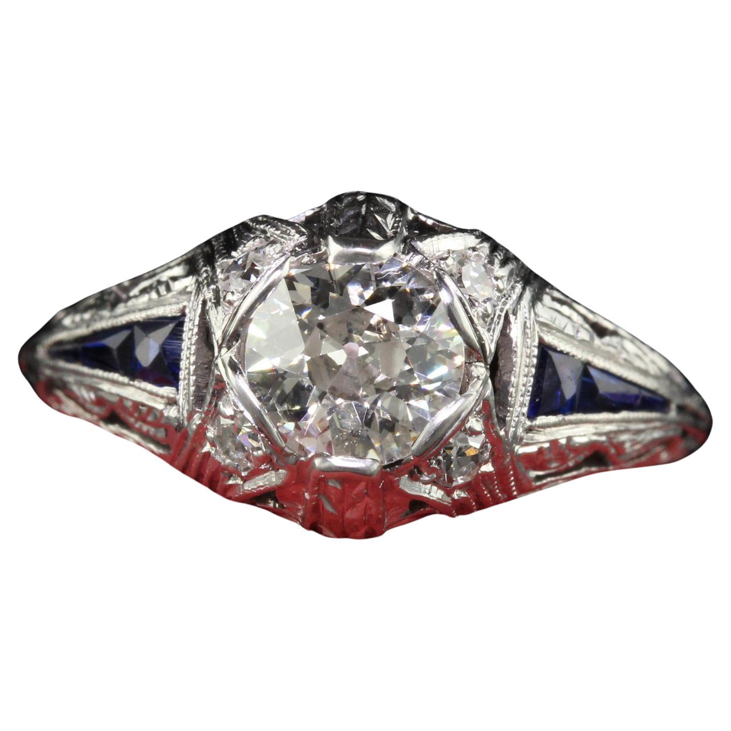 Antique Art Deco Platinum Old Euro Diamond Sapphire Engagement Ring For Sale
