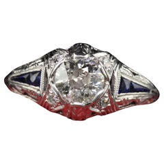 Antique Art Deco Platinum Old Euro Diamond Sapphire Engagement Ring