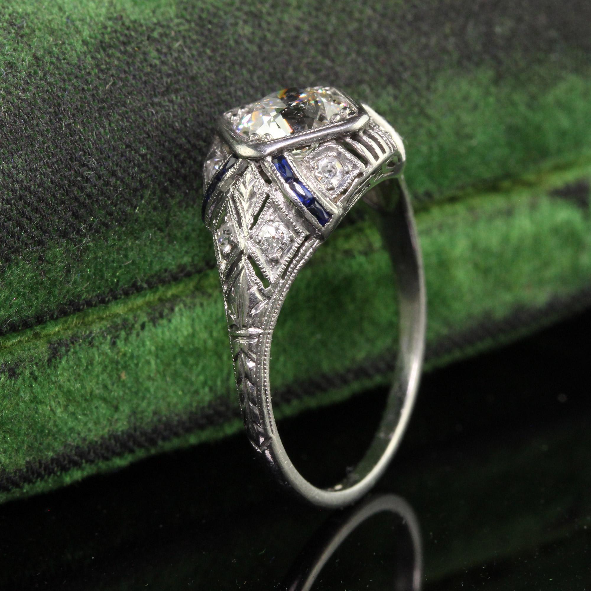 Old European Cut Antique Art Deco Platinum Old Euro Diamond Sapphire Engagement Ring - GIA For Sale