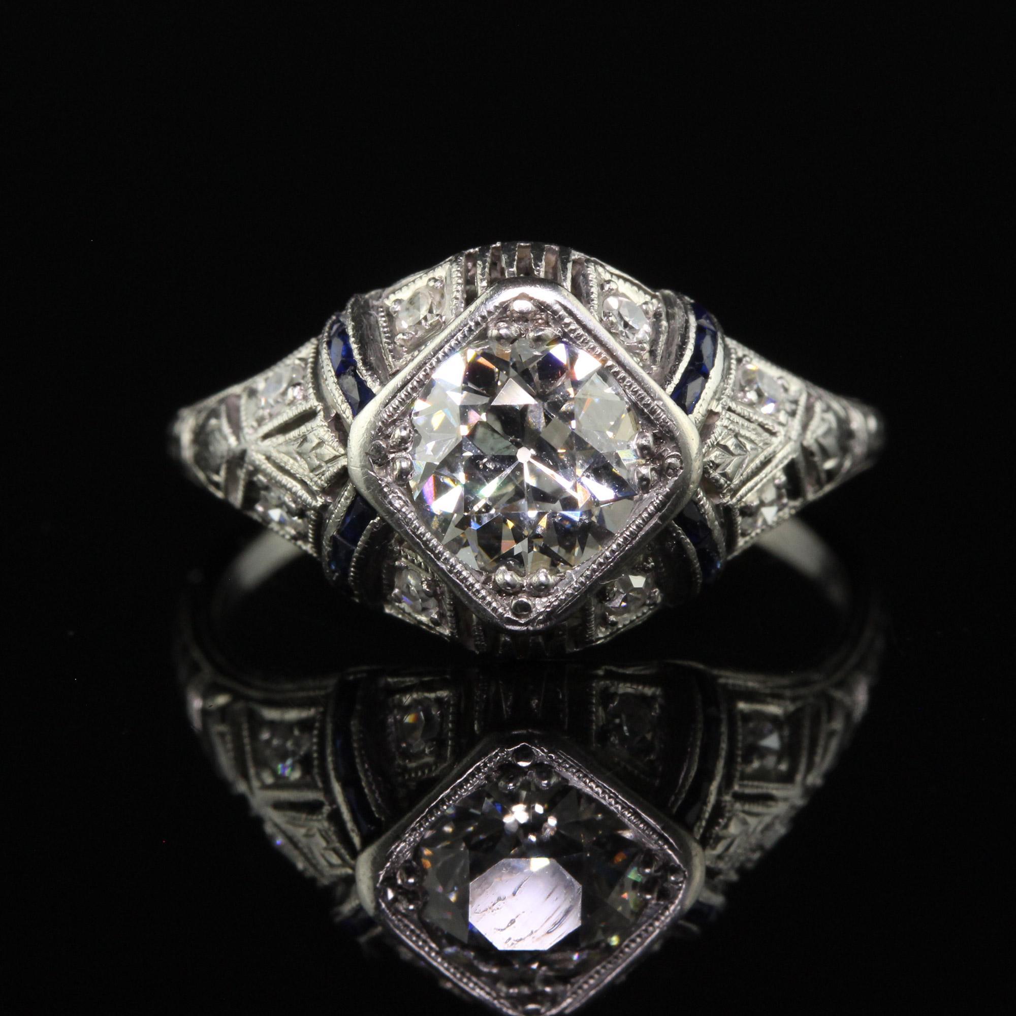 Antique Art Deco Platinum Old Euro Diamond Sapphire Engagement Ring - GIA In Good Condition For Sale In Great Neck, NY