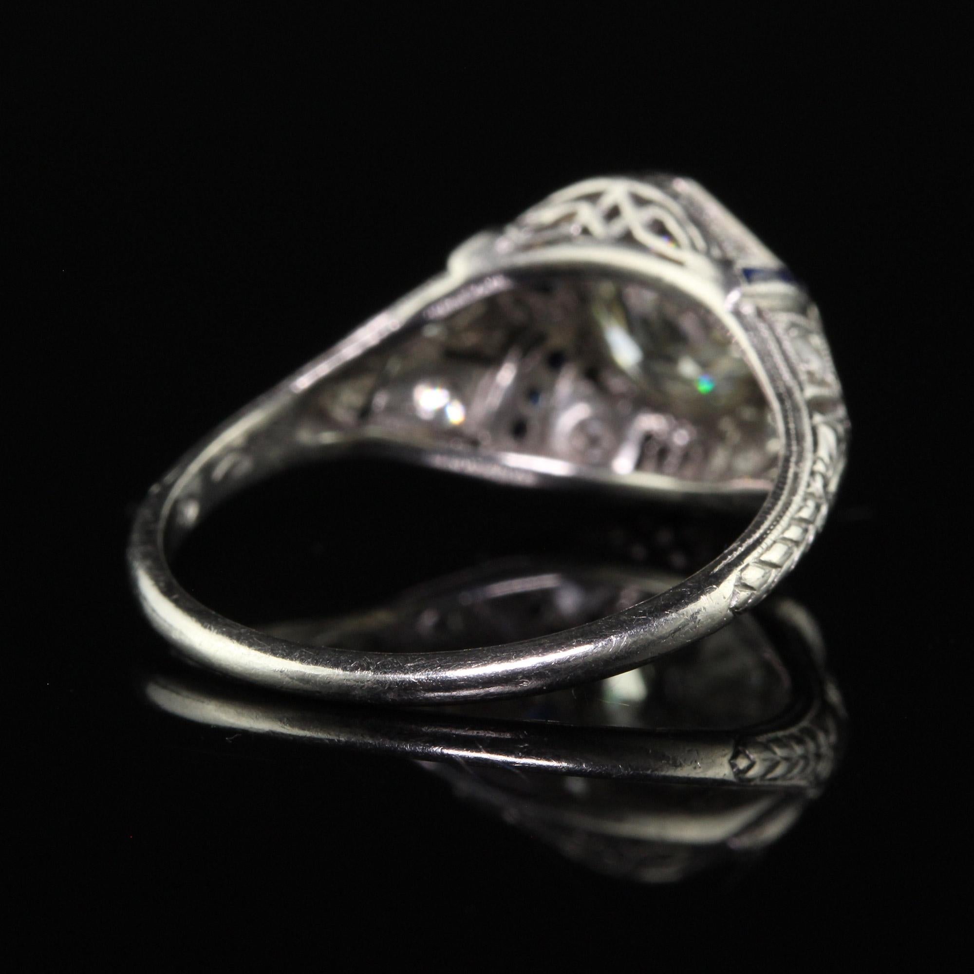 Women's Antique Art Deco Platinum Old Euro Diamond Sapphire Engagement Ring - GIA For Sale