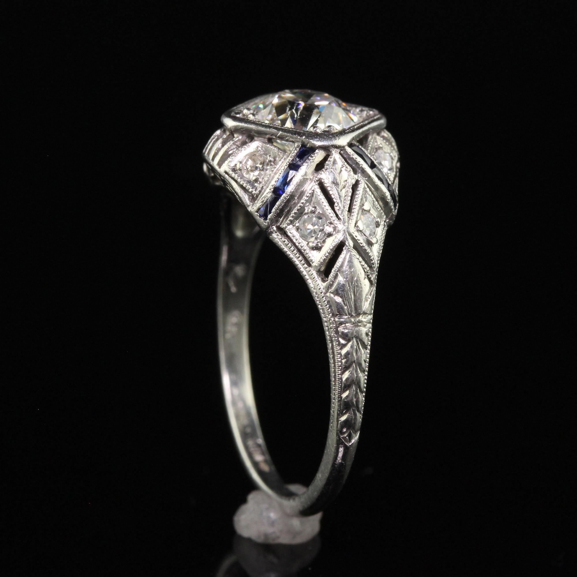 Antique Art Deco Platinum Old Euro Diamond Sapphire Engagement Ring - GIA For Sale 1