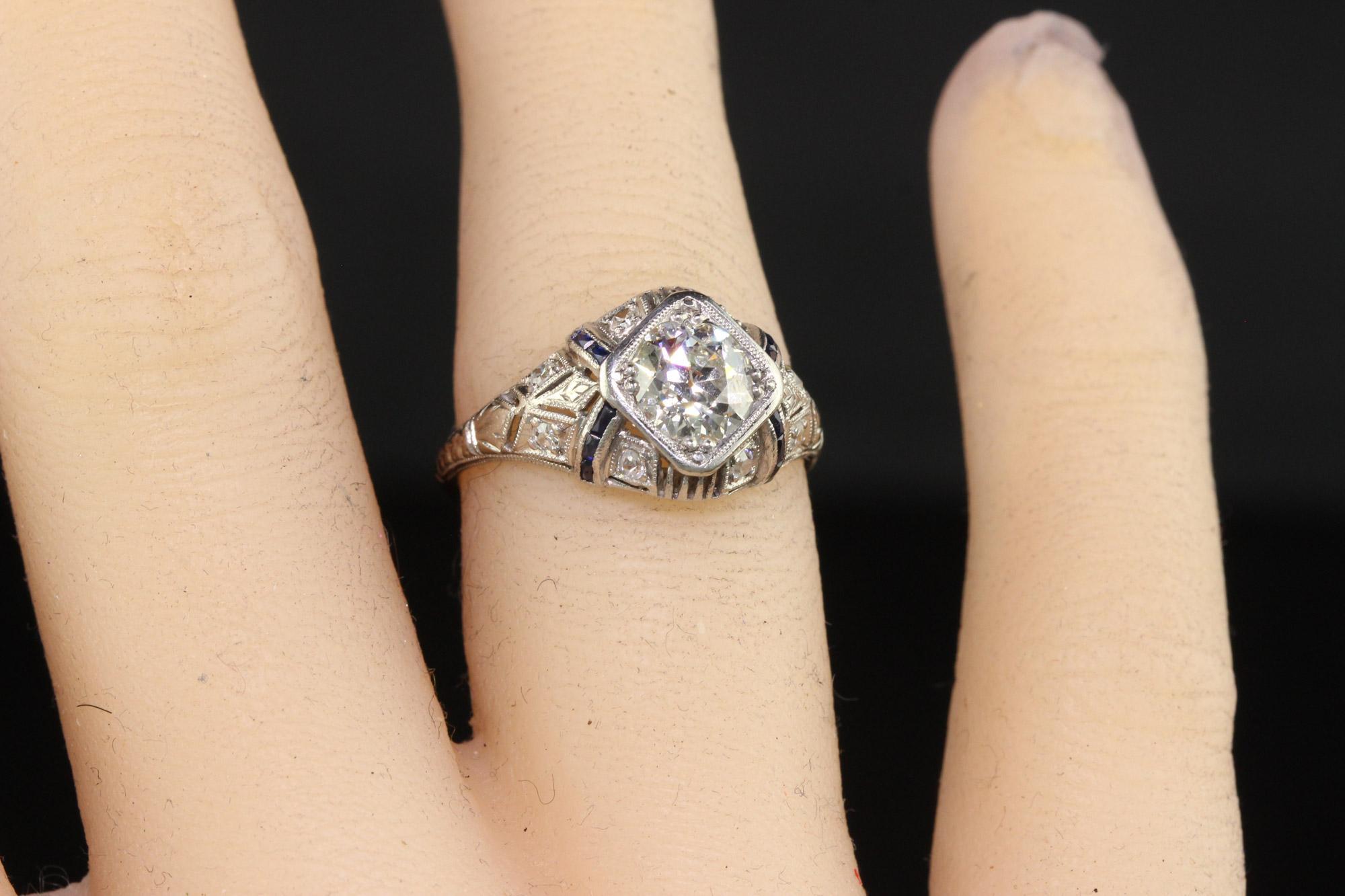 Antique Art Deco Platinum Old Euro Diamond Sapphire Engagement Ring - GIA For Sale 2