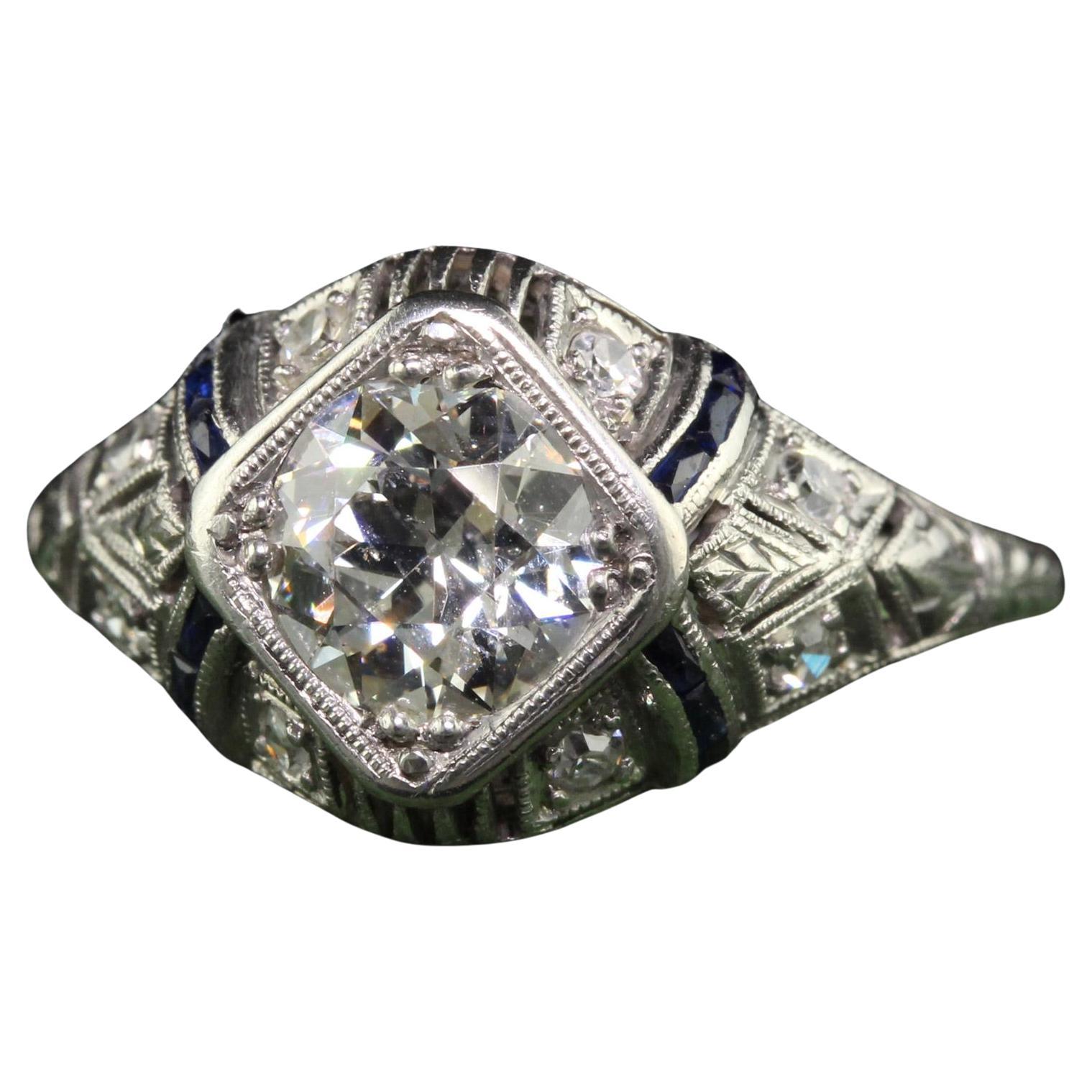 Antique Art Deco Platinum Old Euro Diamond Sapphire Engagement Ring - GIA For Sale