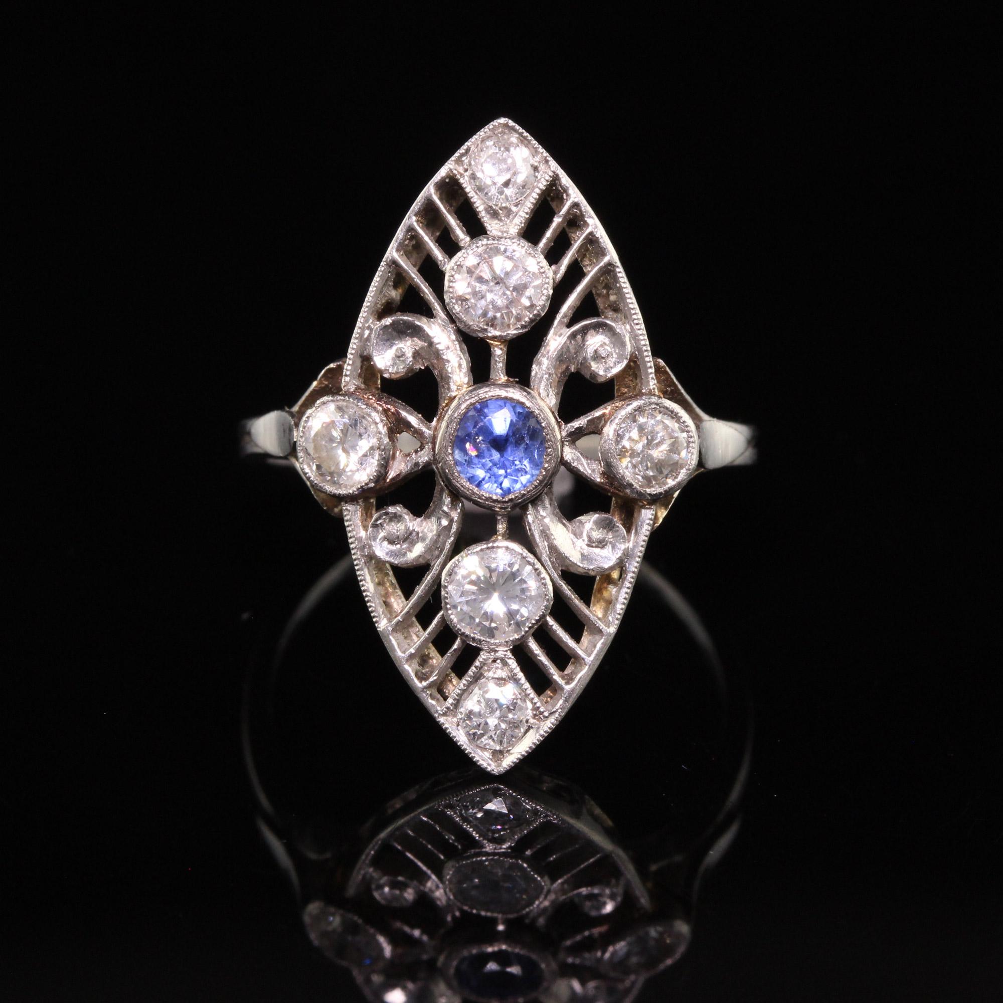 Antique Art Deco Platinum Old Euro Diamond Sapphire Navette Ring In Good Condition In Great Neck, NY