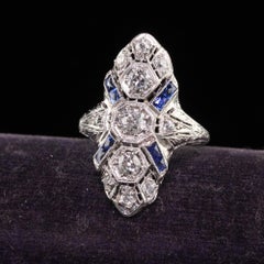 Antique Art Deco Platinum Old Euro Diamond Sapphire Shield Ring