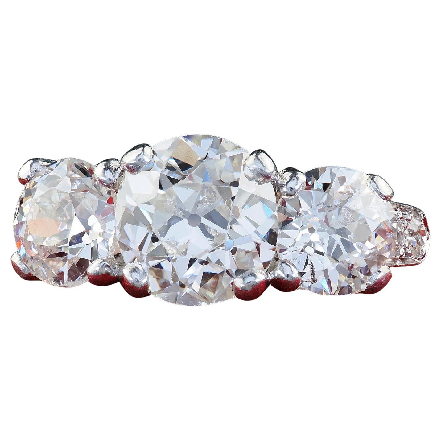 Antique Art Deco Platinum Old Euro Diamond Three Stone Engagement Ring - GIA