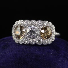Antique Art Deco Platinum Old Euro Faint Pink Diamond Three Stone Ring - GIA