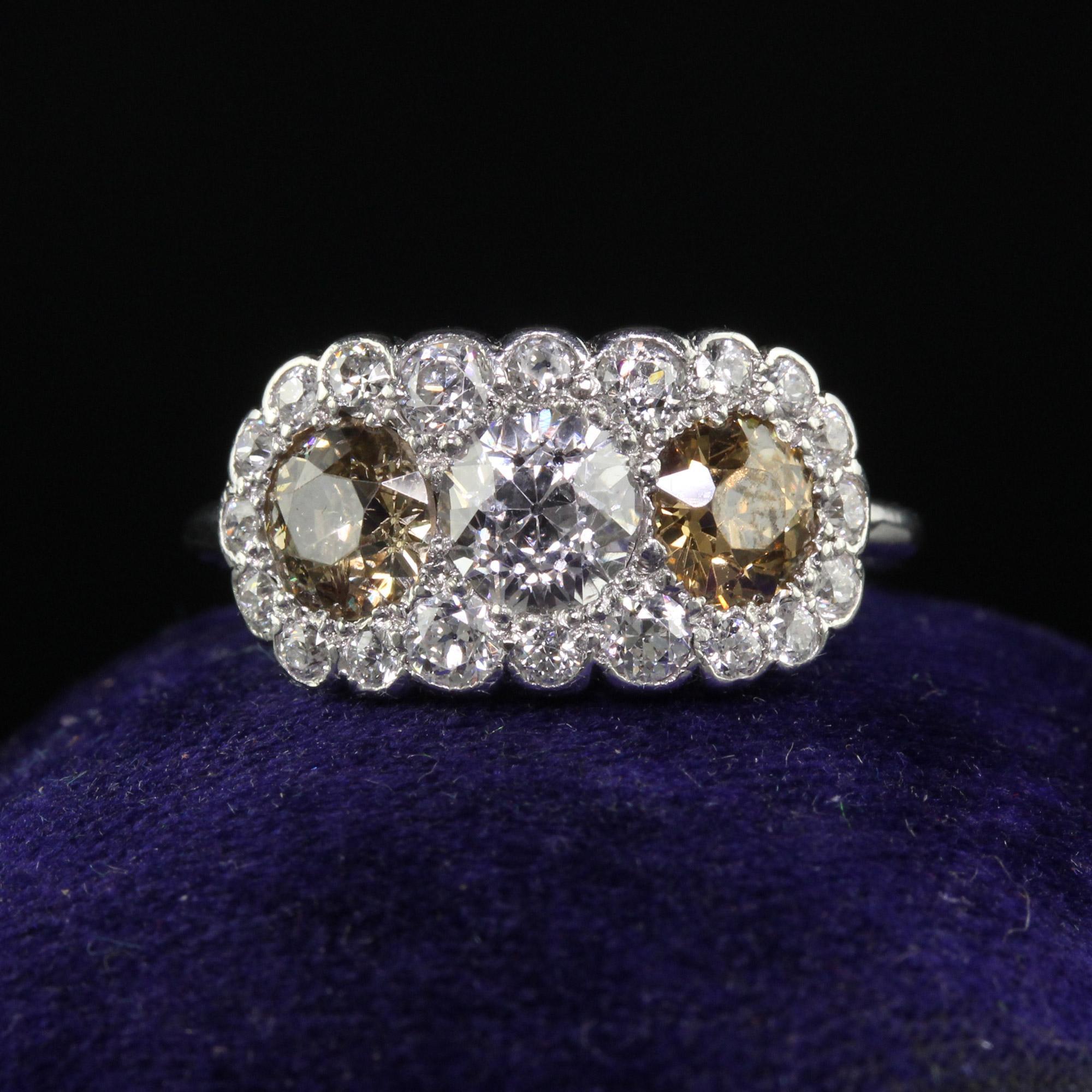 Antique Art Deco Platinum Old Euro Faint Pink Diamond Three Stone Ring - GIA In Good Condition In Great Neck, NY
