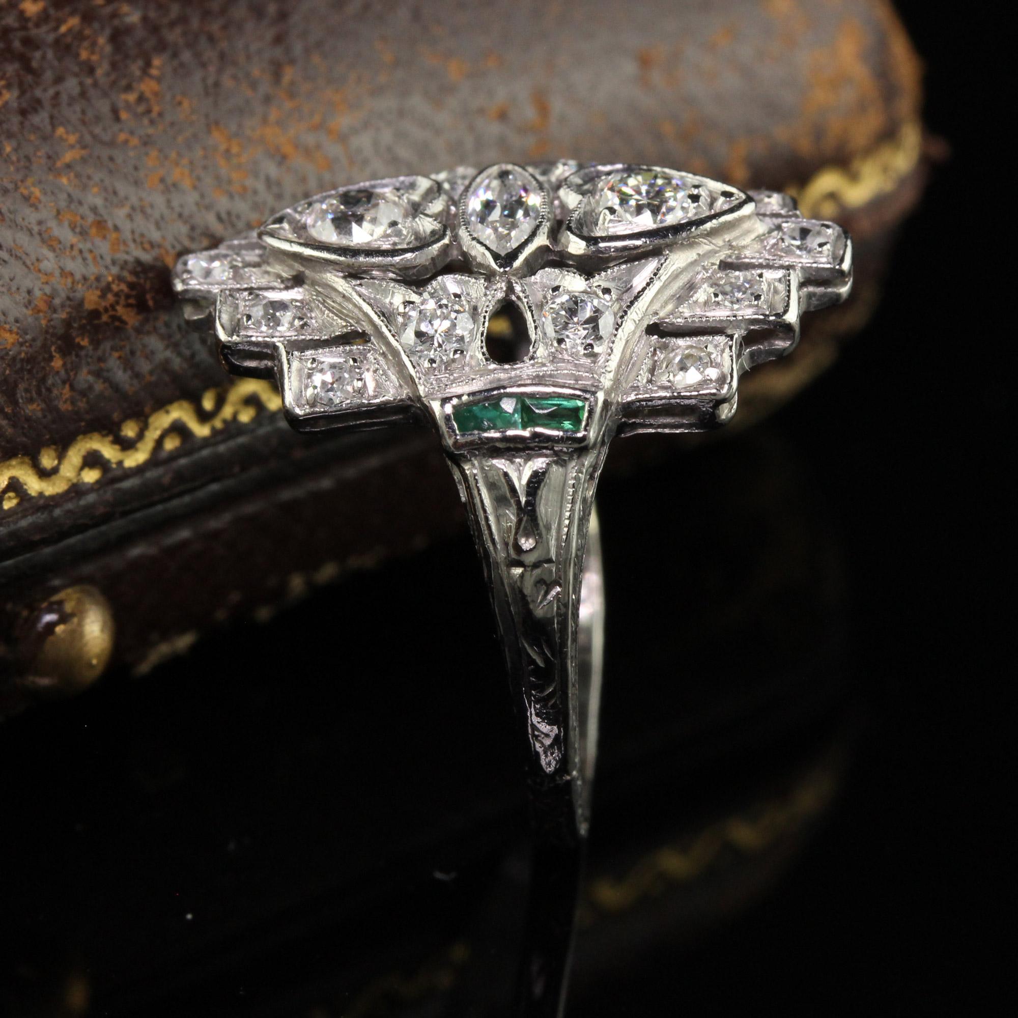 Old European Cut Antique Art Deco Platinum Old Euro Marquise Diamond and Emerald Shield Ring For Sale