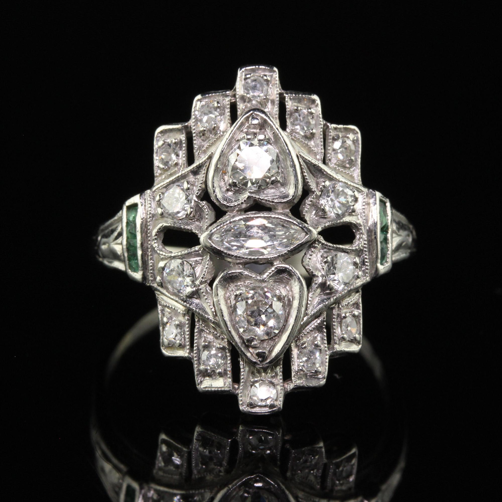 Women's Antique Art Deco Platinum Old Euro Marquise Diamond and Emerald Shield Ring For Sale